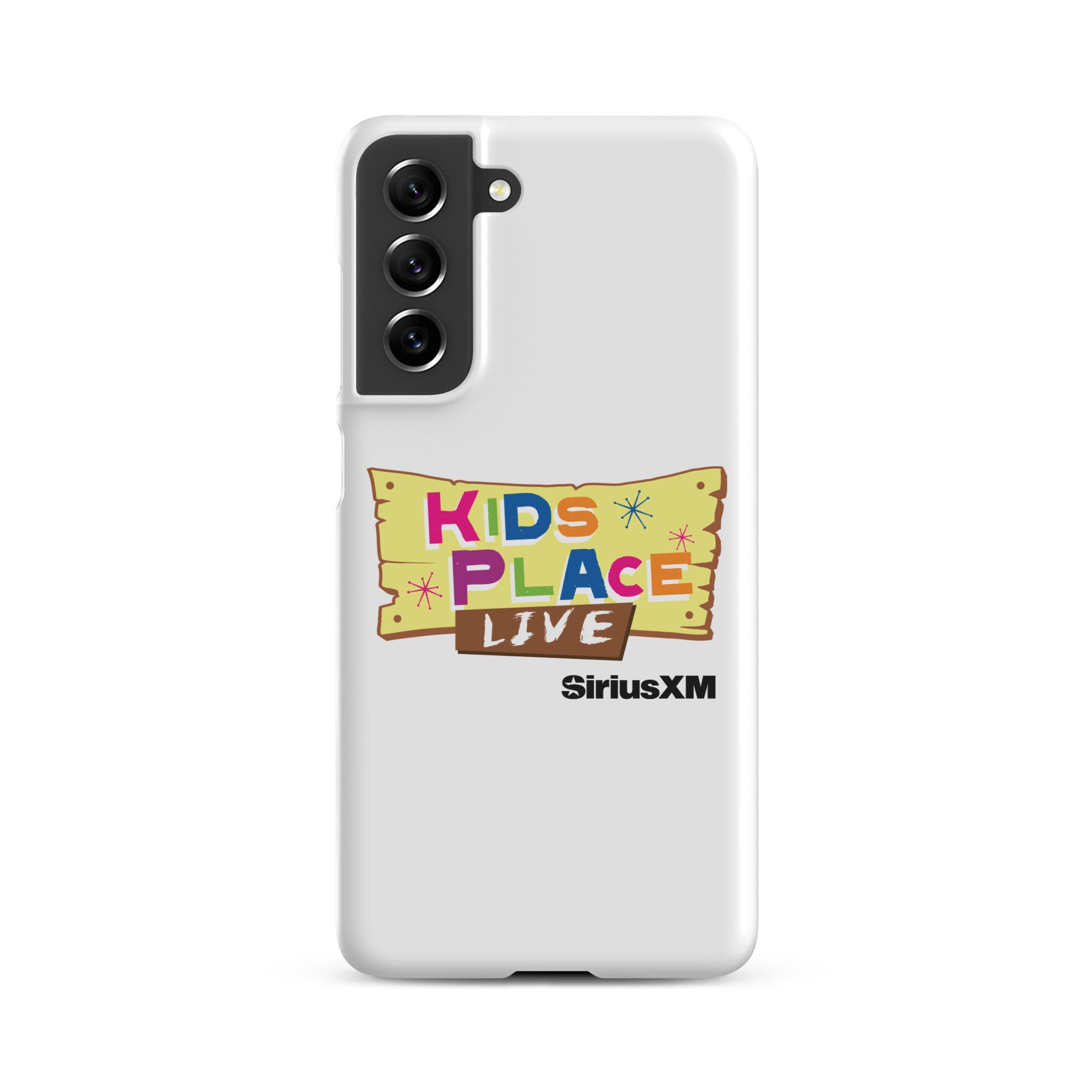 Kids Place Live' logo on a white phone case featuring colorful text and 'SiriusXM' branding.