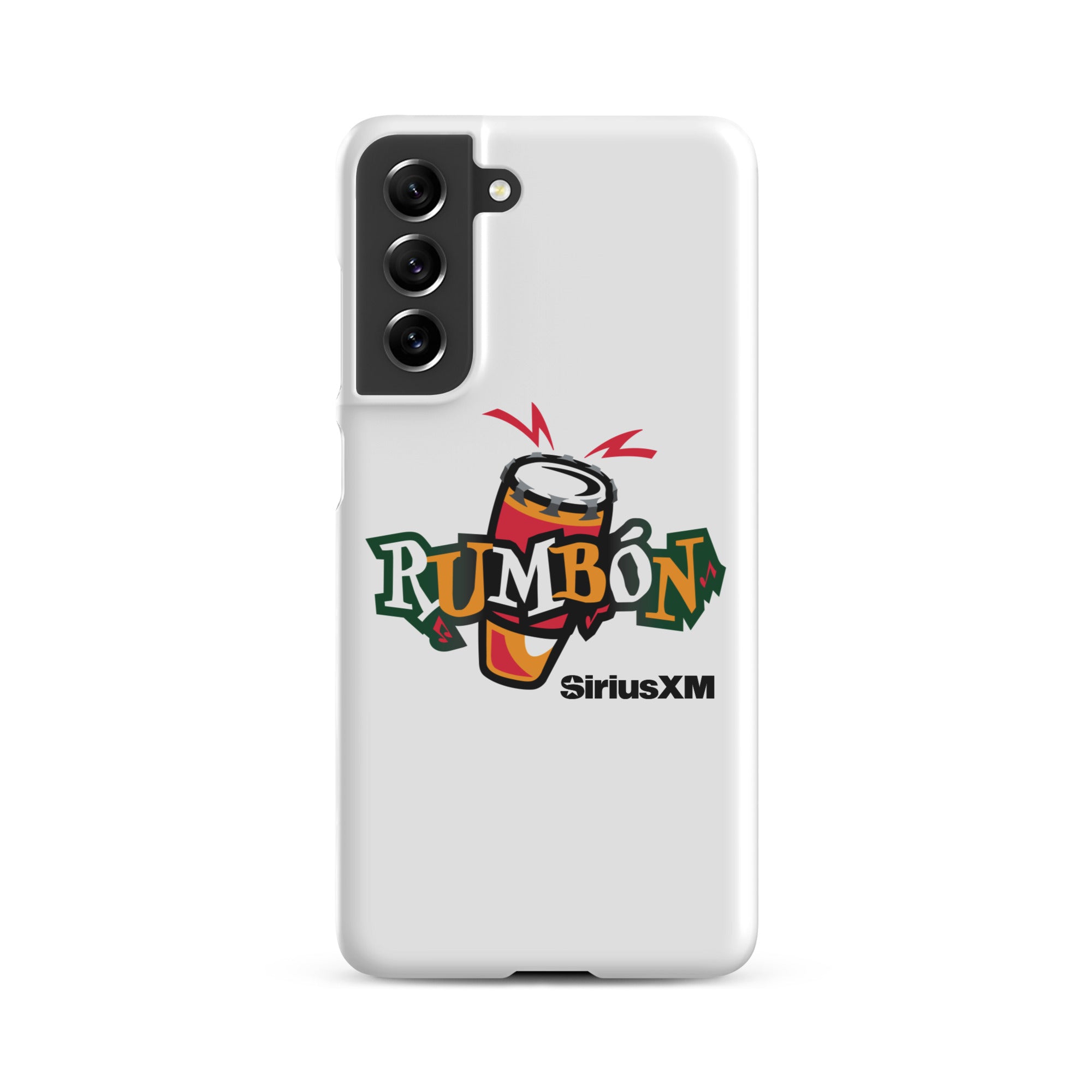 White phone case featuring a colorful 'Rumbón' logo with a conga drum and 'SiriusXM' branding.