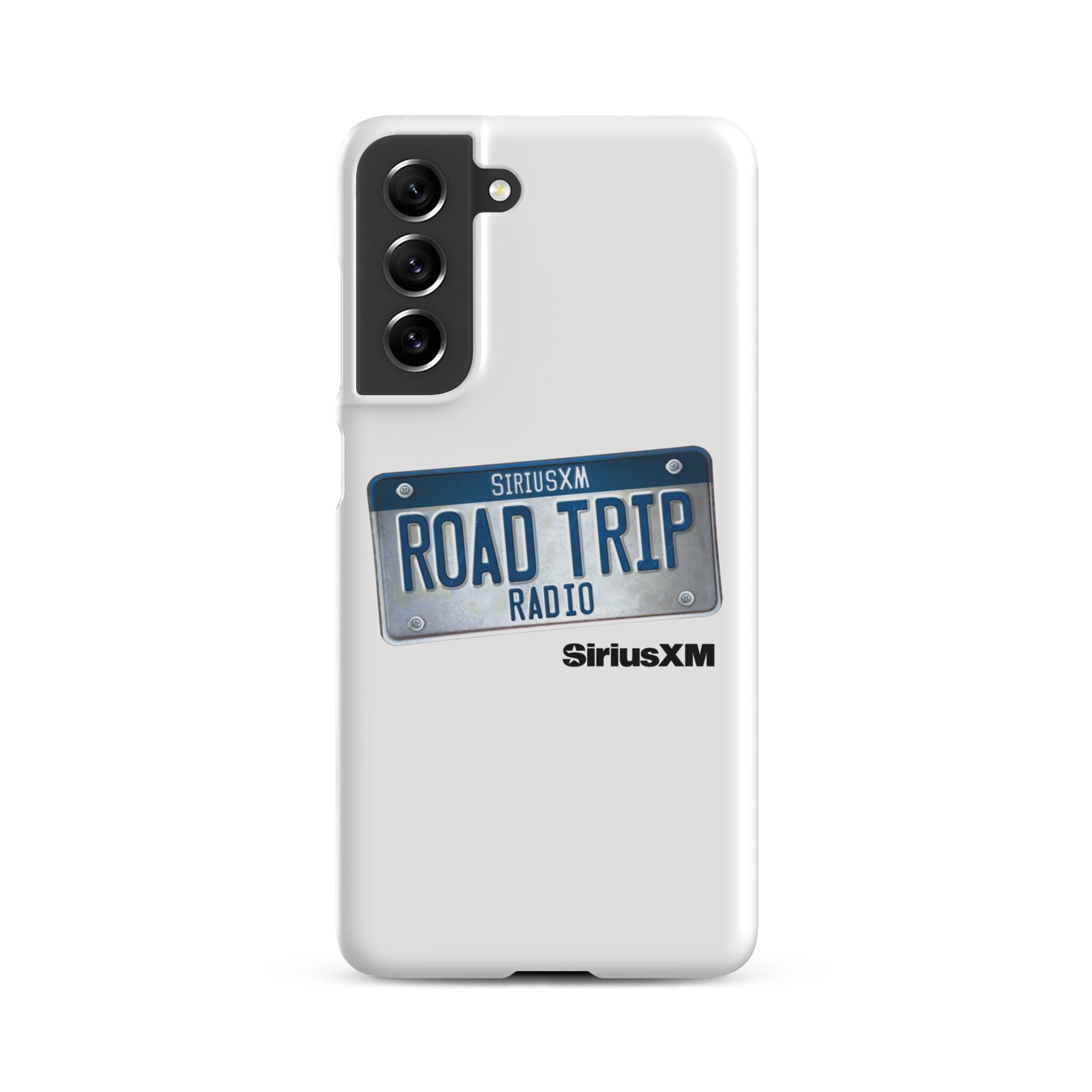 A white phone case featuring a license plate design with 'ROAD TRIP RADIO' and 'SiriusXM' branding.