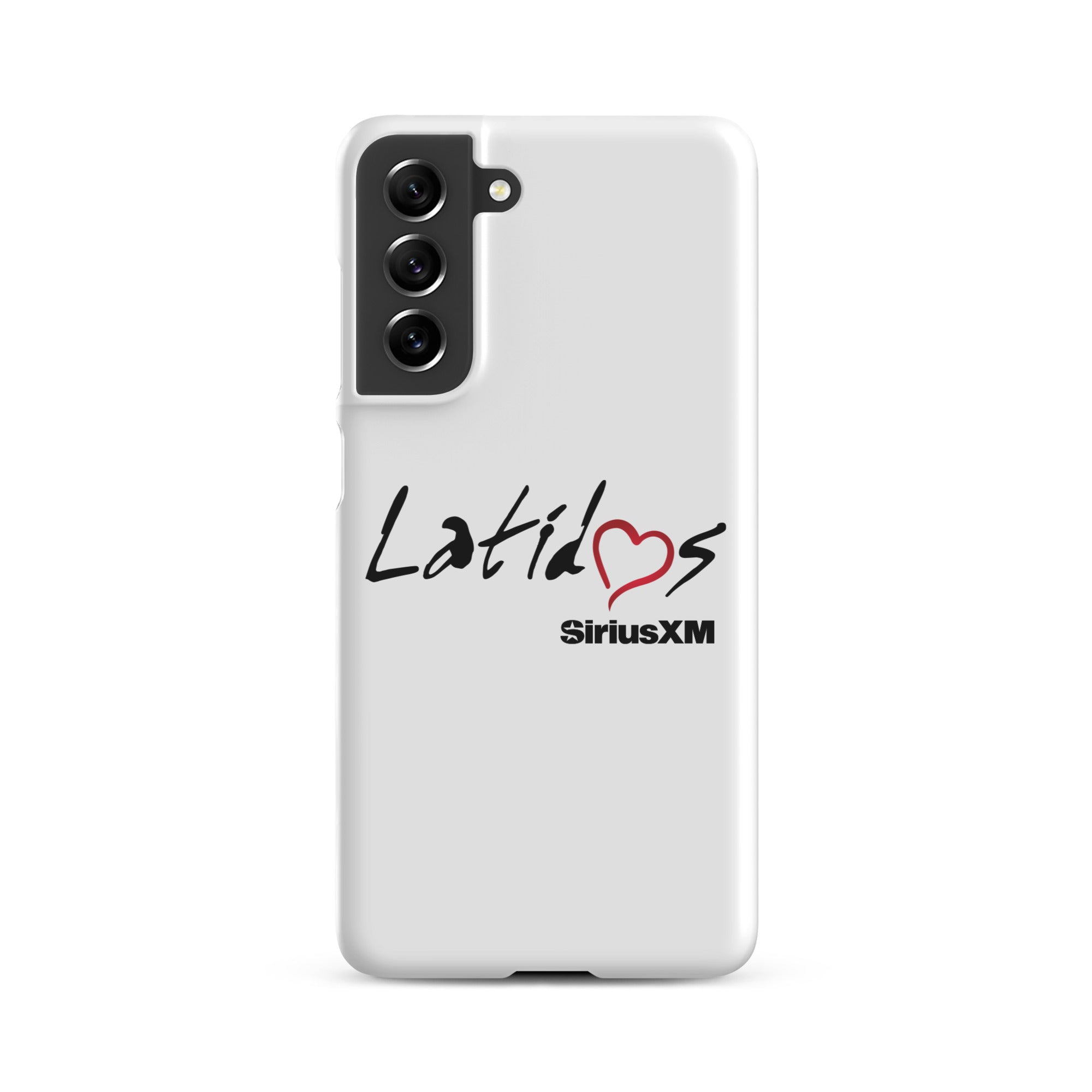 White phone case featuring 'Latidos' with a heart and 'SiriusXM' logo.