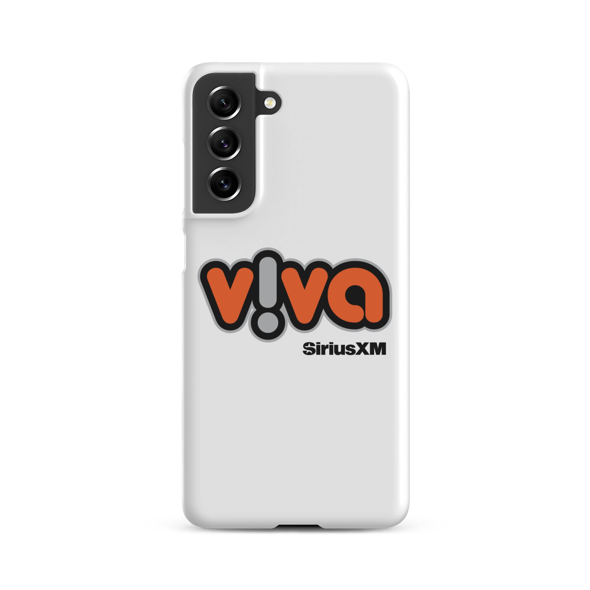 White phone case with 'viva' logo in orange and black, featuring 'SiriusXM' branding.