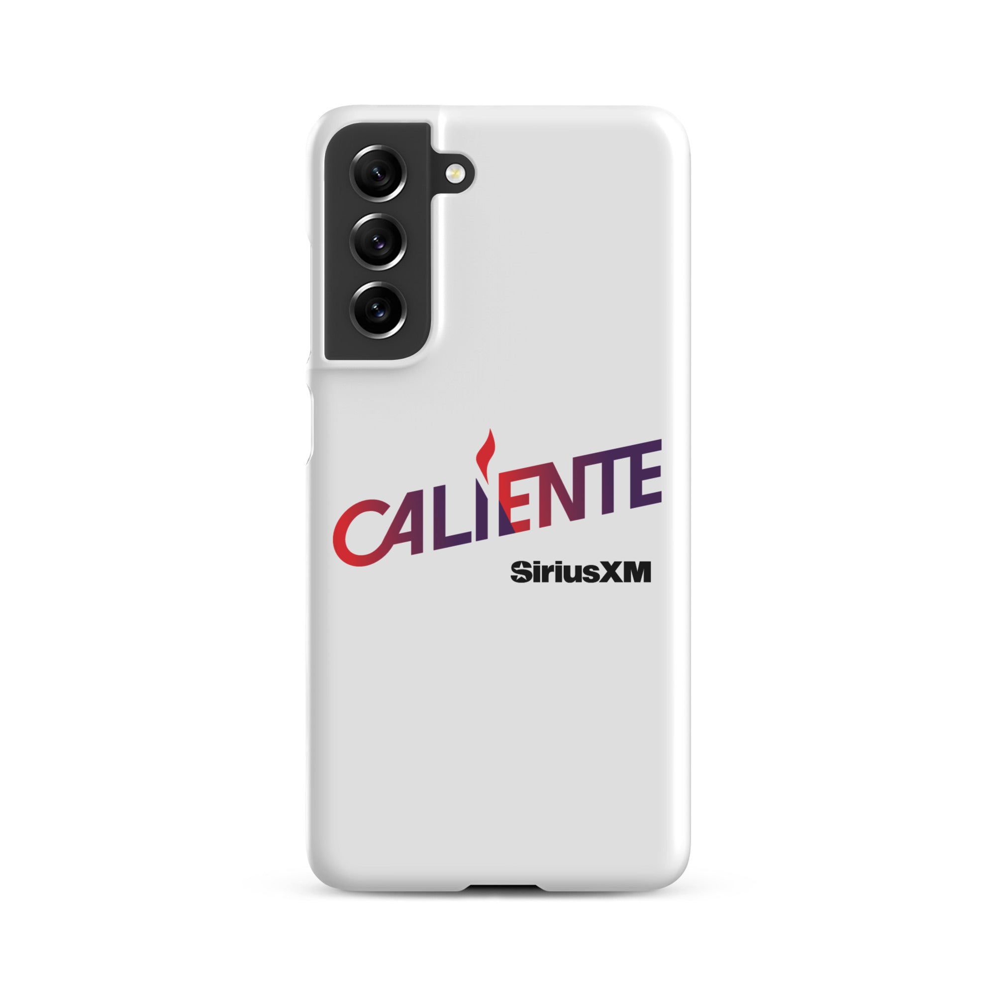 A white phone case with the word 'CALIENTE' in red and purple, and the 'SiriusXM' logo underneath.