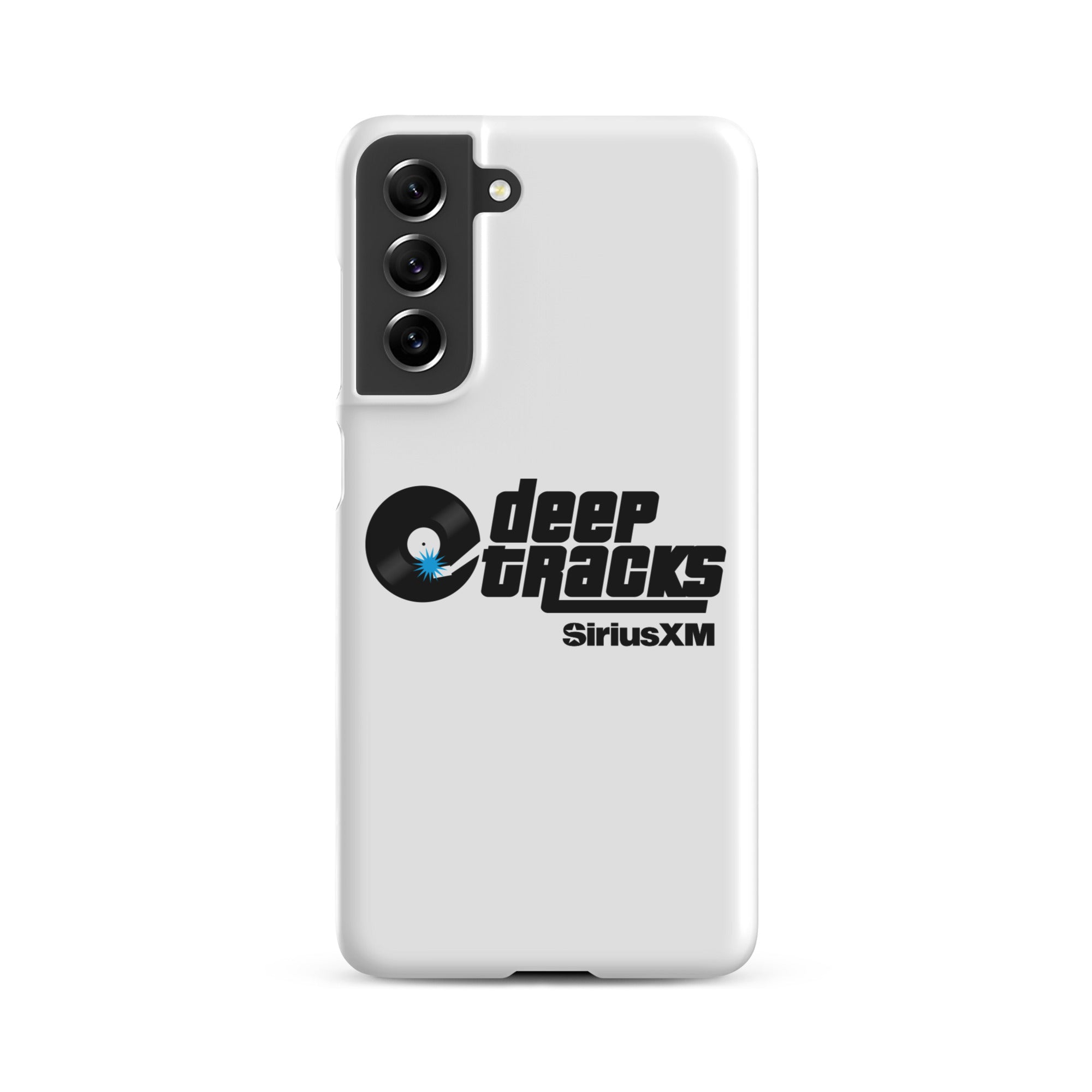 White smartphone case featuring the 'deep tracks' logo and 'SiriusXM' branding.