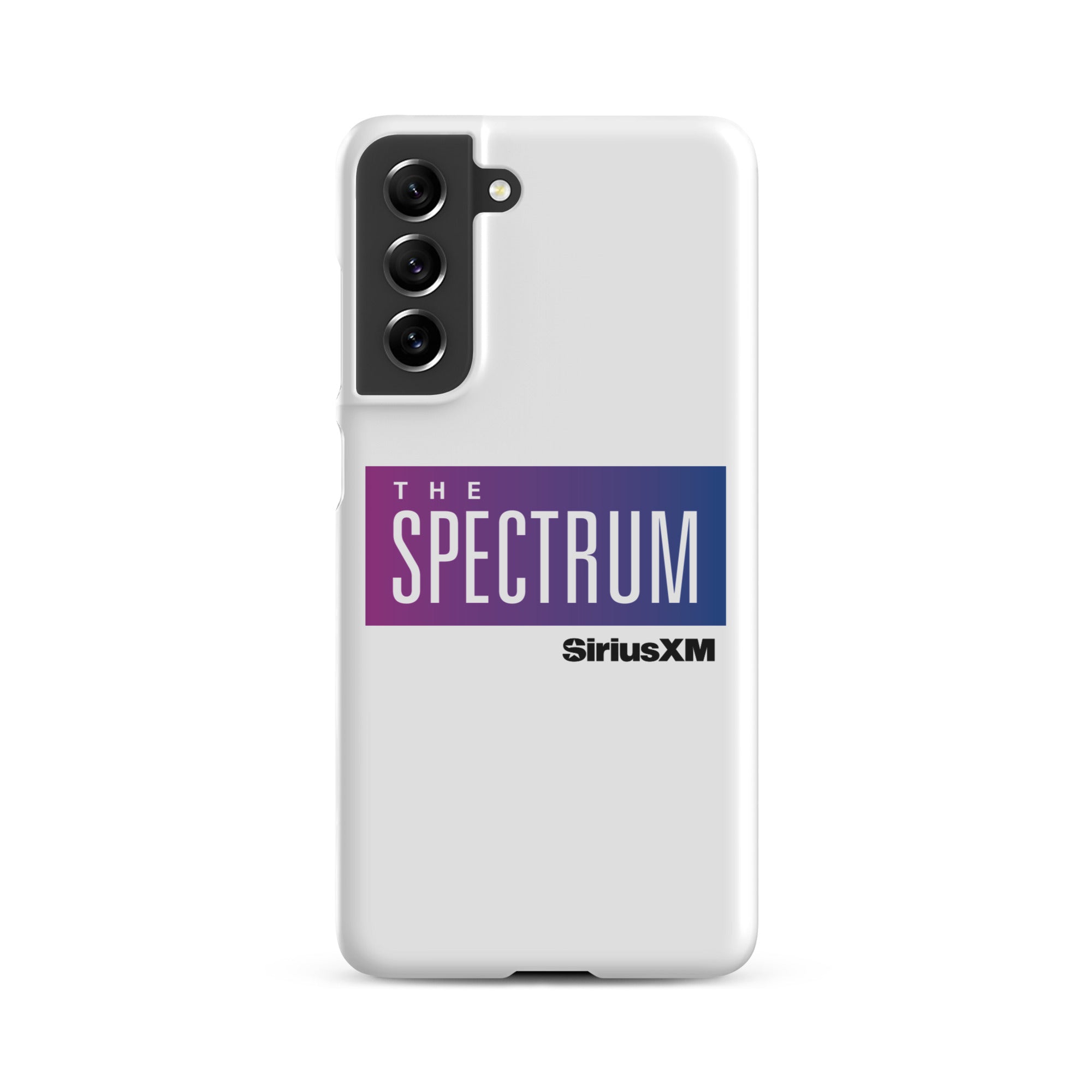 White phone case featuring 'THE SPECTRUM' logo and 'SiriusXM' text in blue and purple.