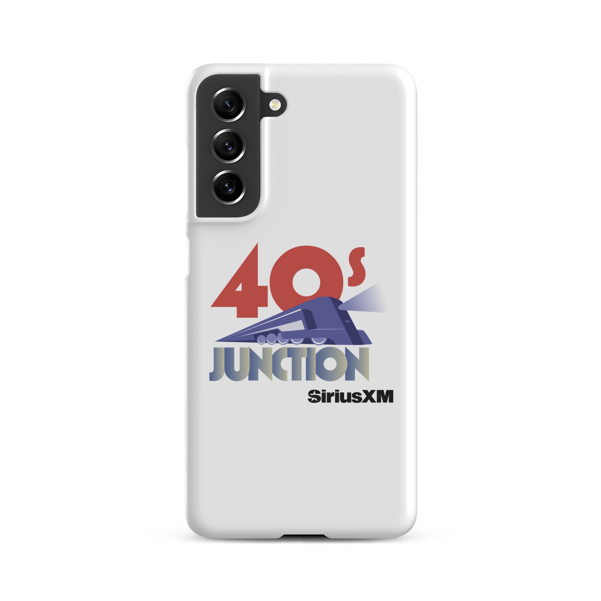White phone case featuring a design with '40s Junction' and a train graphic, branded with 'SiriusXM.'