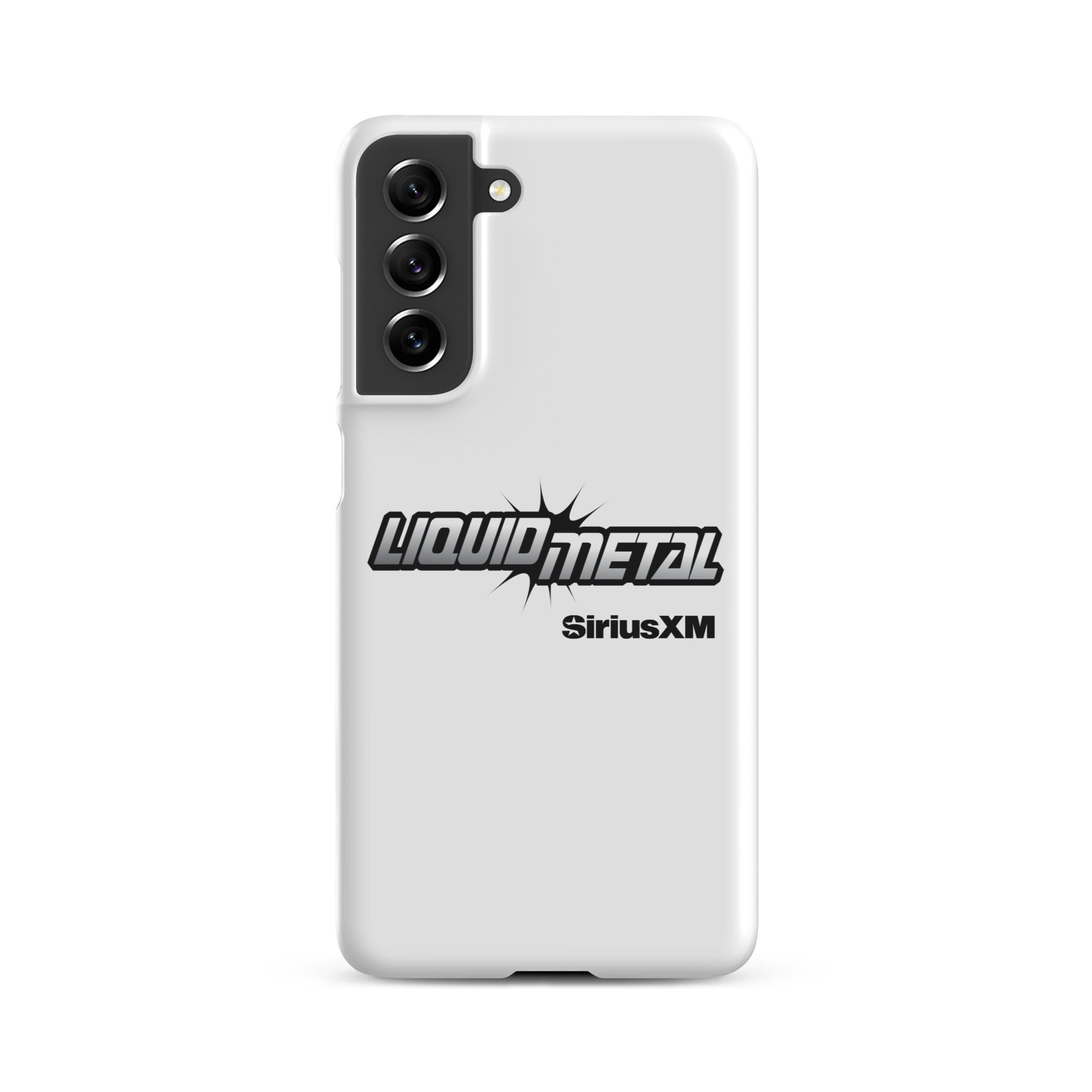 White phone case featuring 'LIQUID METAL' logo and 'SiriusXM' branding.