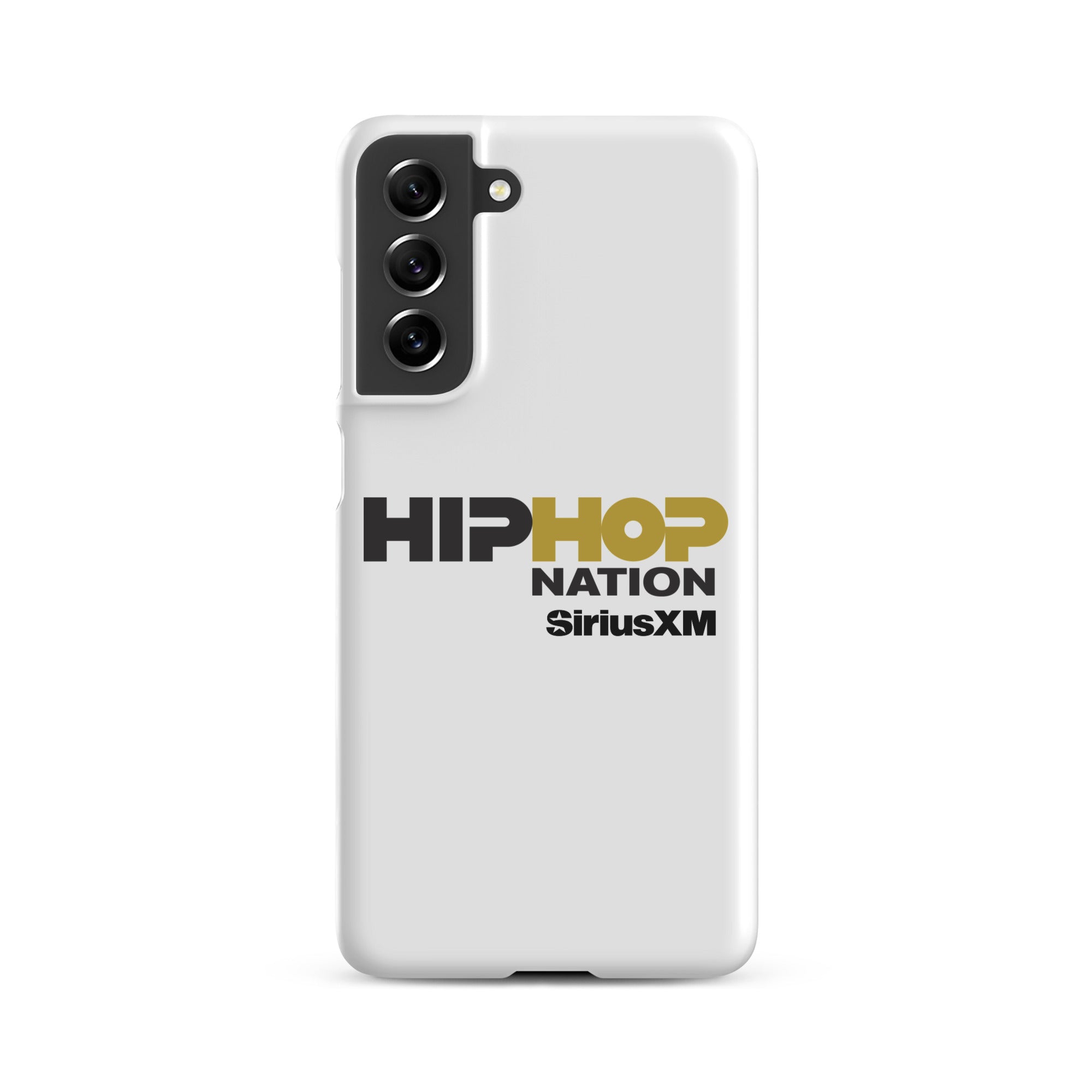 A white phone case featuring the text 'HIP HOP NATION' and 'SiriusXM' in black and gold.