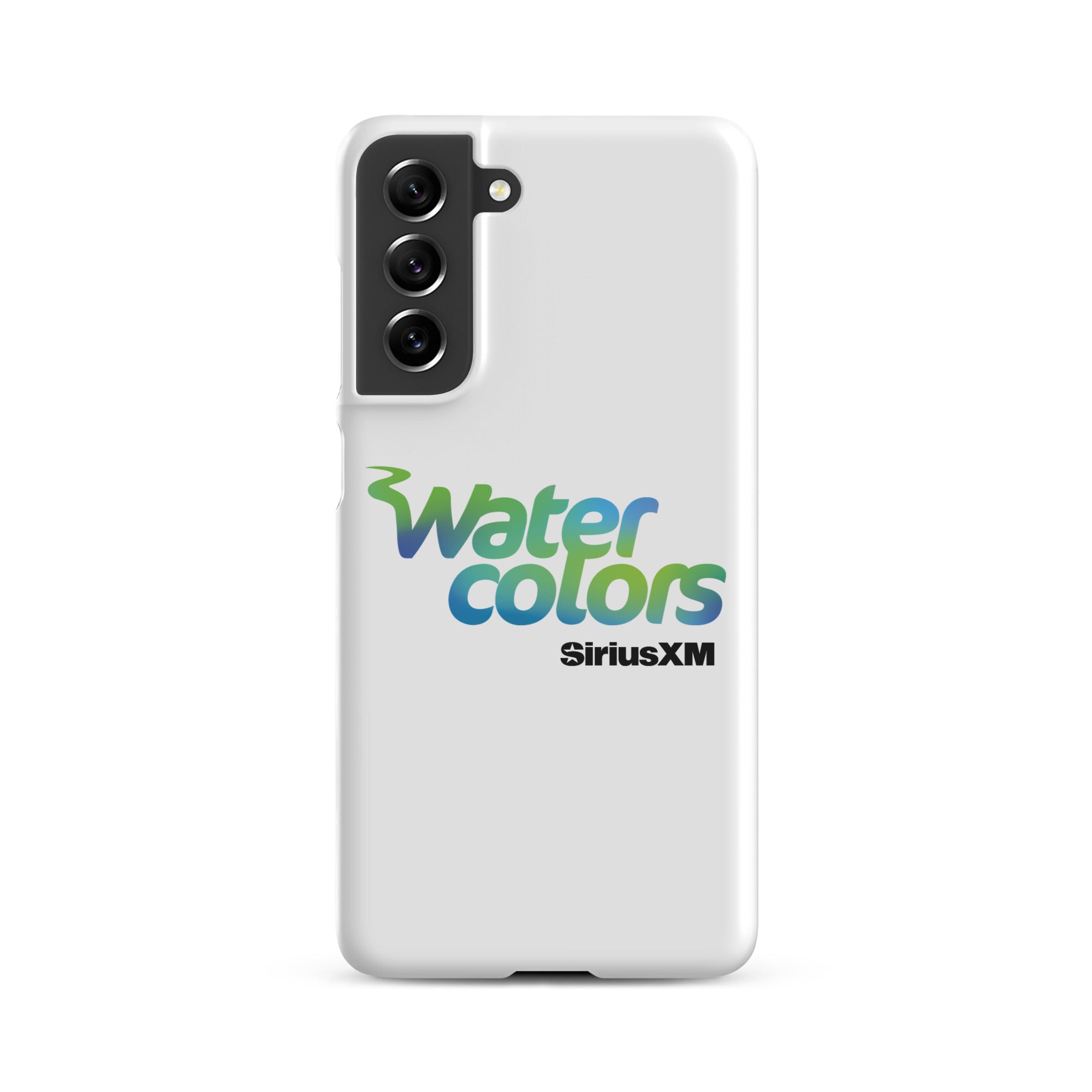 White smartphone case with 'Water colors' logo in blue and green, and 'SiriusXM' in black.
