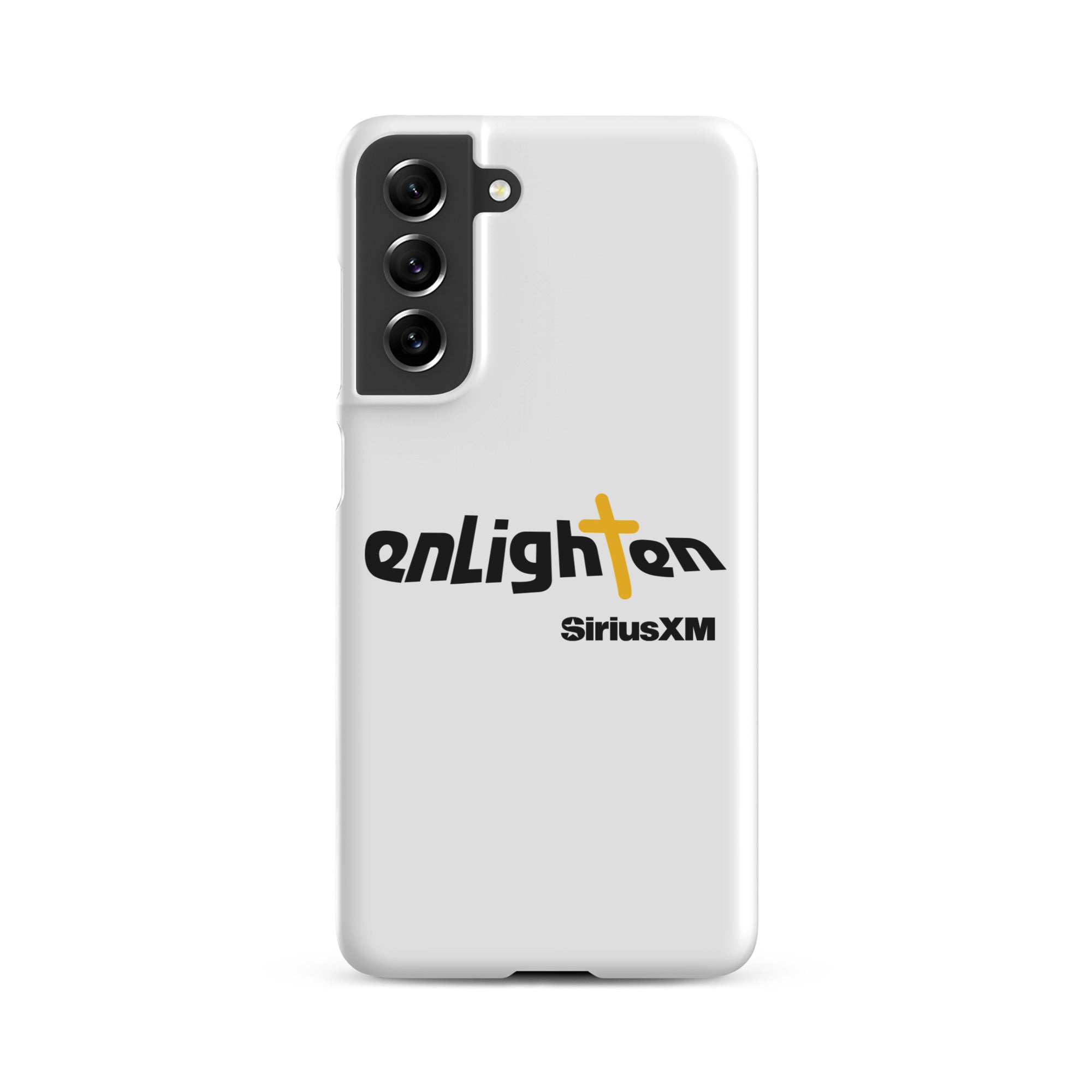 White smartphone case featuring 'enLighten' with black text and a yellow cross and 'SiriusXM' text.