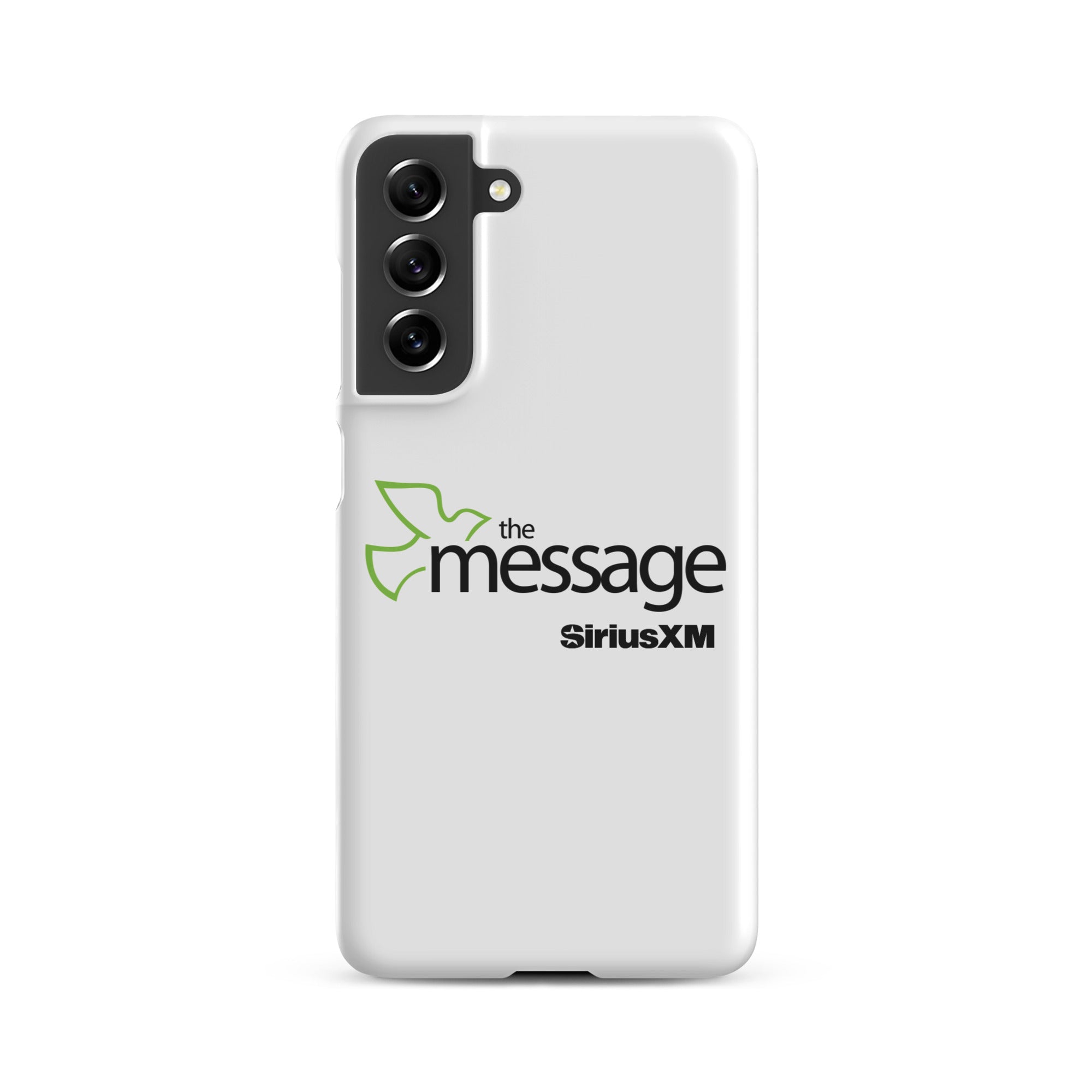 White phone case featuring 'the message' logo alongside 'SiriusXM' branding.