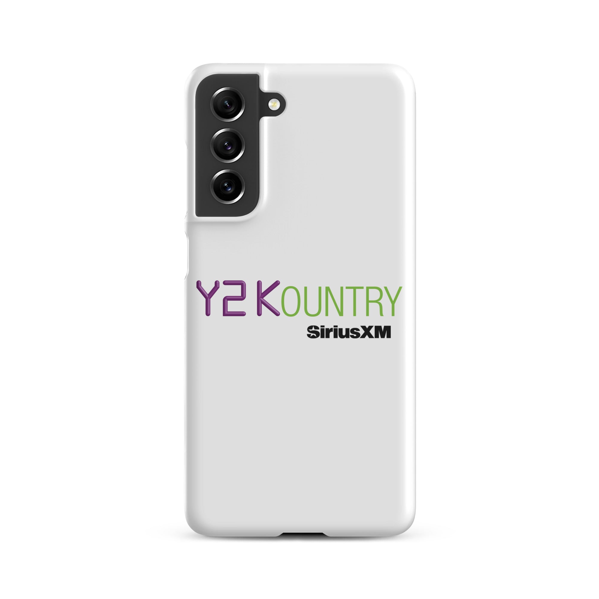 White phone case featuring 'Y2KOUNTRY' and 'SiriusXM' logos in purple and green.