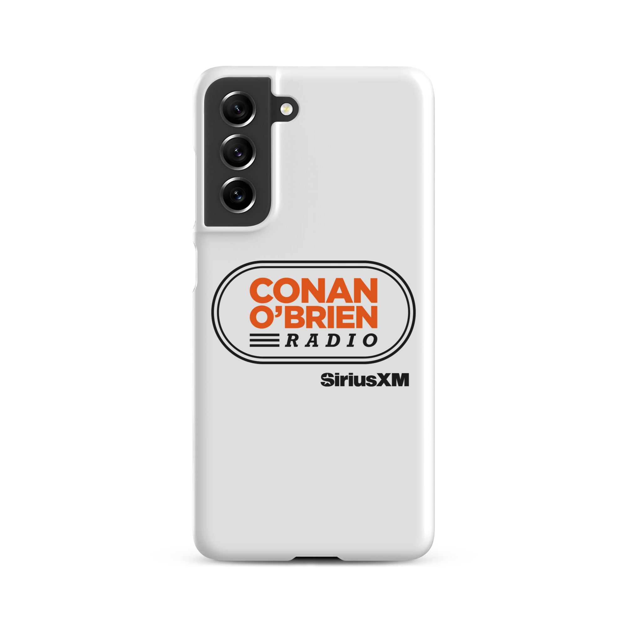 White phone case featuring 'CONAN O'BRIEN RADIO' and 'SiriusXM' logos.