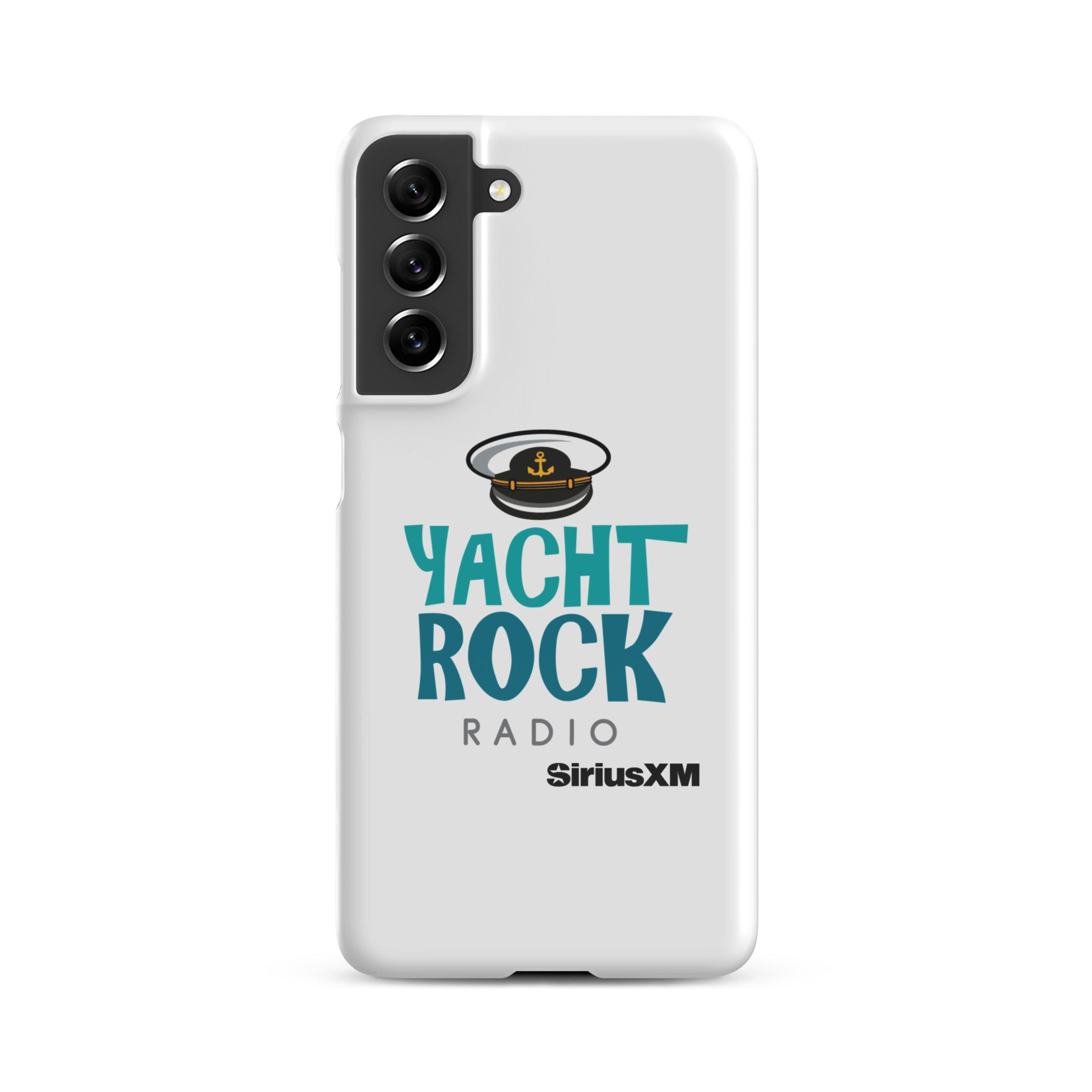White phone case featuring 'Yacht Rock Radio' logo with a captain's hat and 'SiriusXM' branding.
