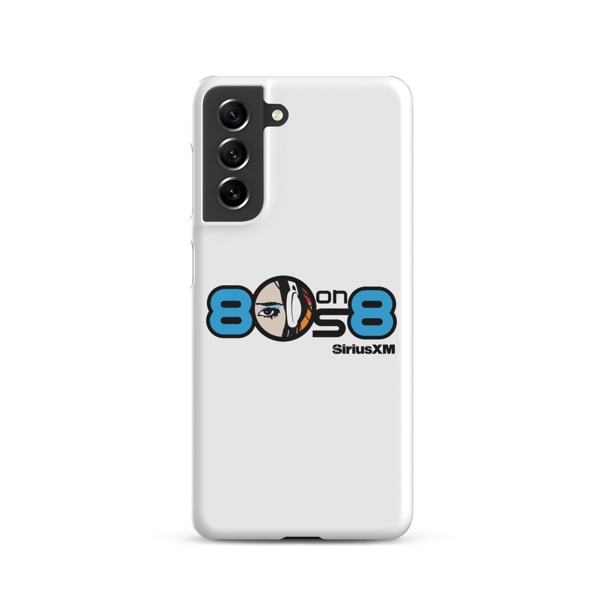 White phone case featuring the '80s on 8 SiriusXM' logo with a stylized face and headphones design.