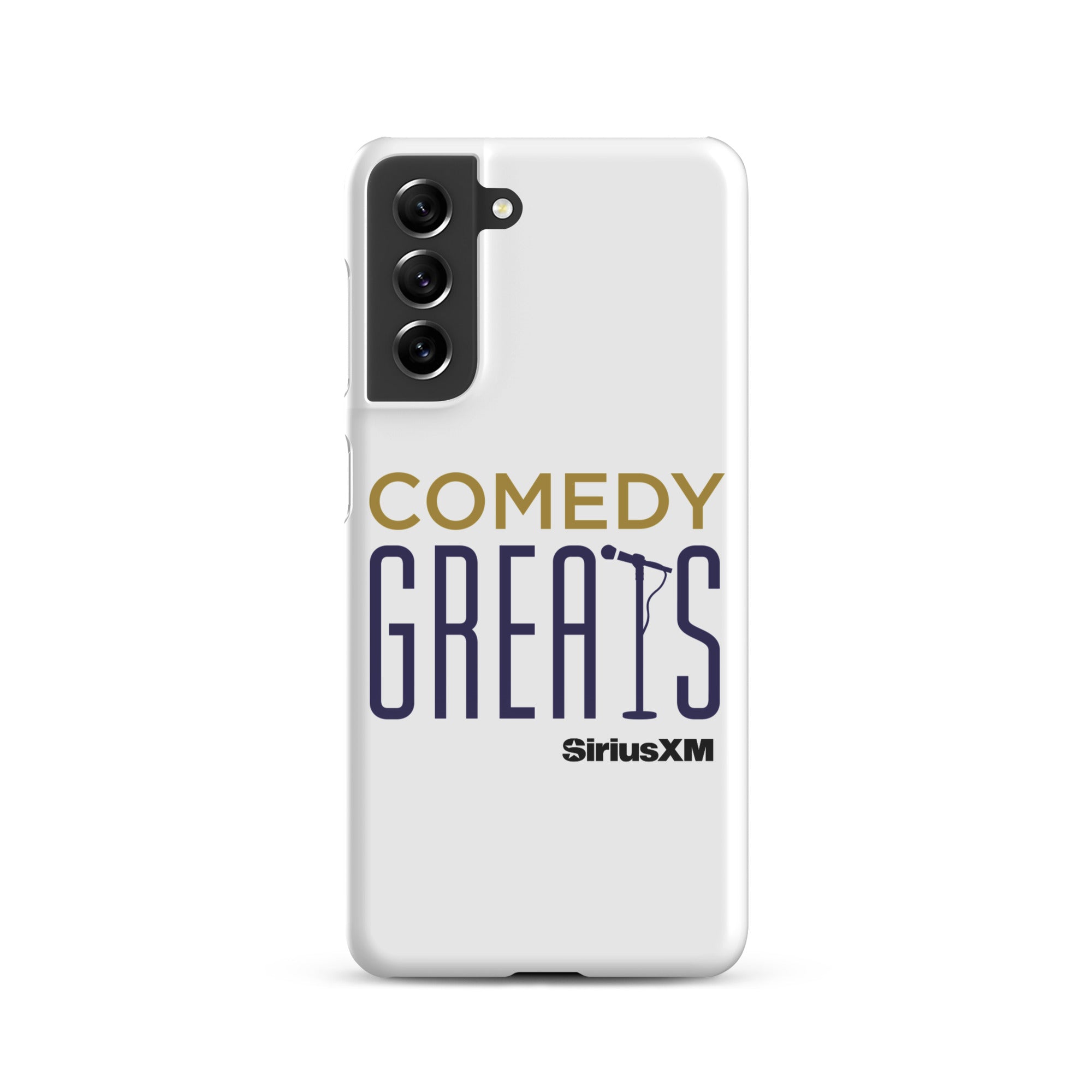 White phone case with 'COMEDY GREATS' logo and a microphone icon, featuring the 'SiriusXM' logo.