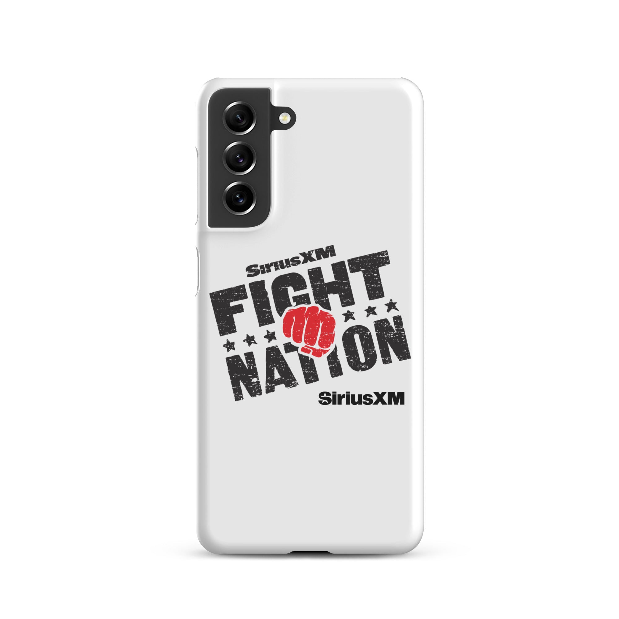White phone case with 'SiriusXM FIGHT NATION' logo and a red fist graphic.