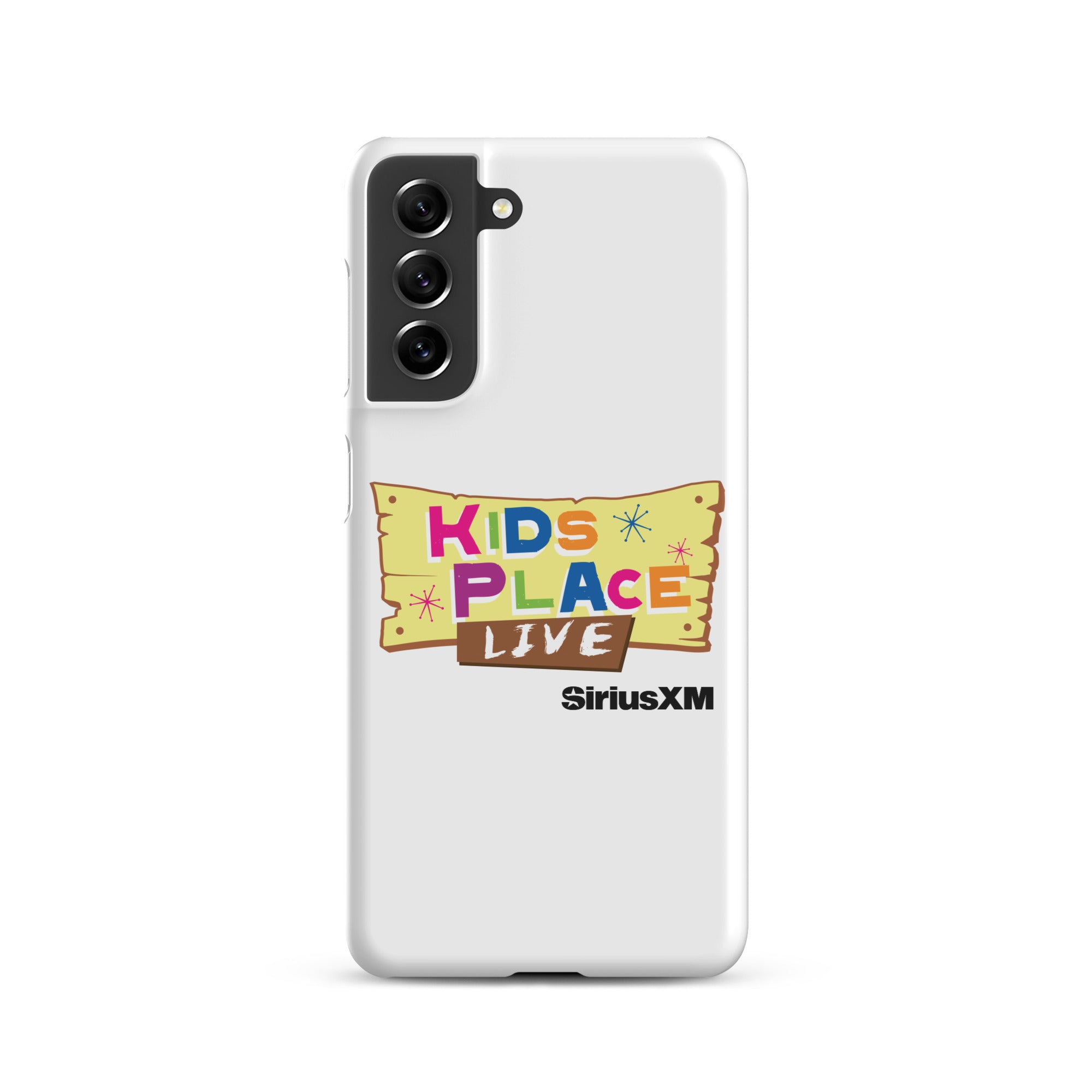 Kids Place Live' logo on a white phone case featuring colorful text and 'SiriusXM' branding.