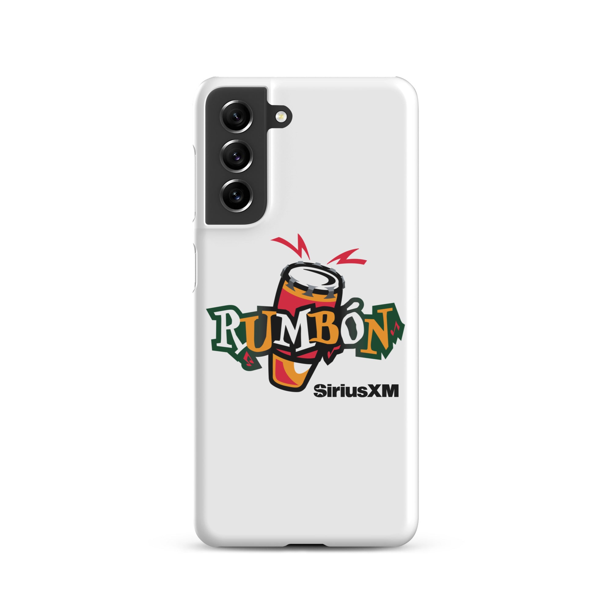White phone case featuring a colorful 'Rumbón' logo with a conga drum and 'SiriusXM' branding.