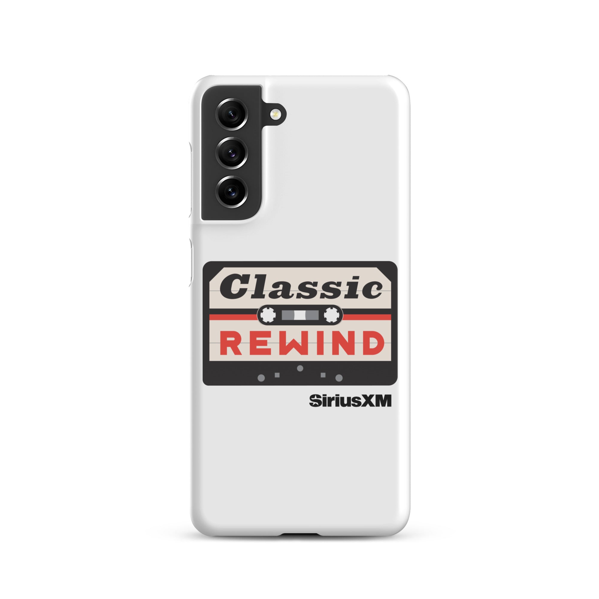 White phone case featuring a cassette tape design with 'Classic Rewind' text and 'SiriusXM' logo.