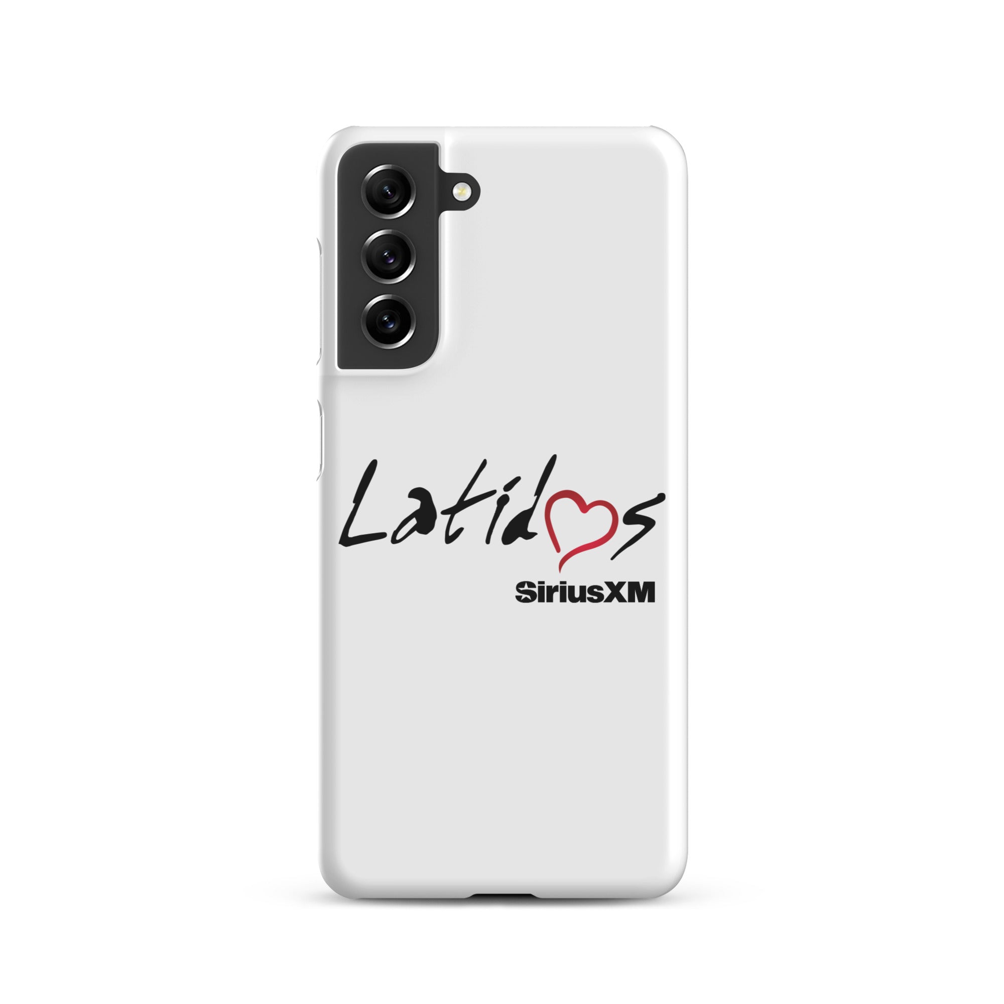 White phone case featuring 'Latidos' with a heart and 'SiriusXM' logo.