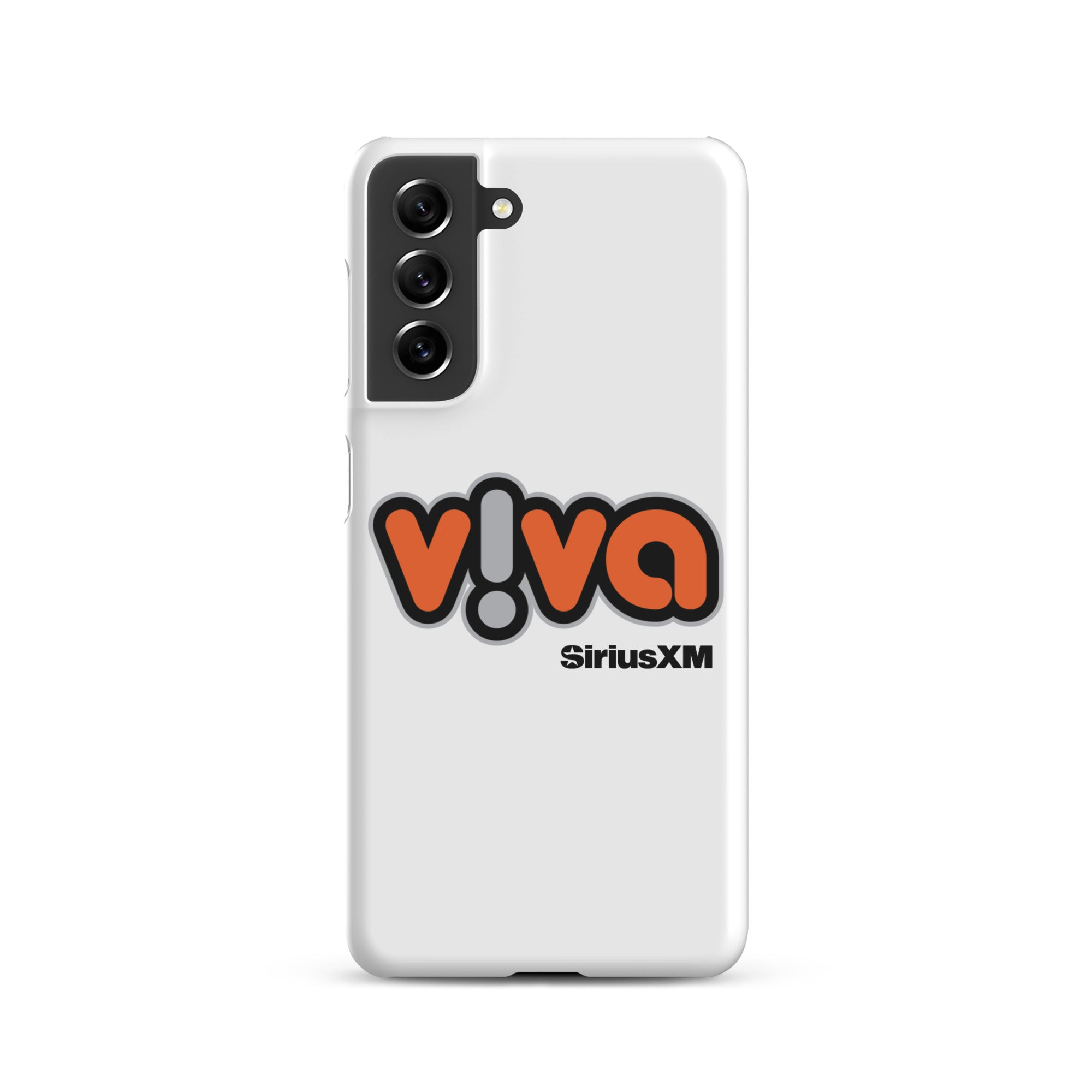 White phone case with 'viva' logo in orange and black, featuring 'SiriusXM' branding.