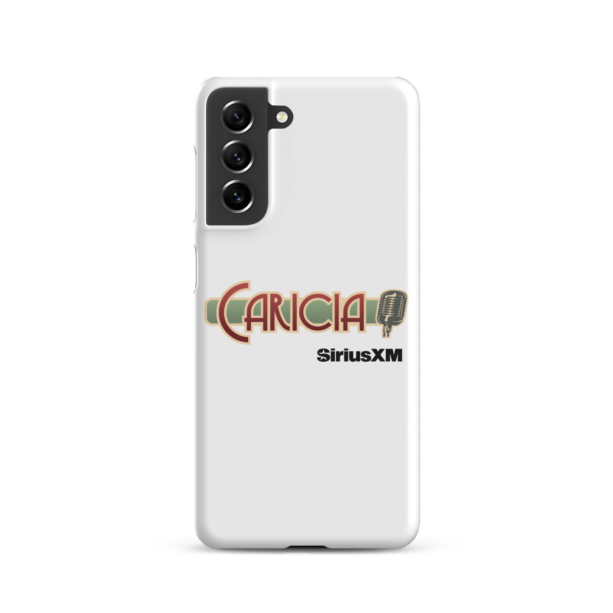 White phone case featuring the text 'CARICIA' and 'SiriusXM' with a microphone graphic.