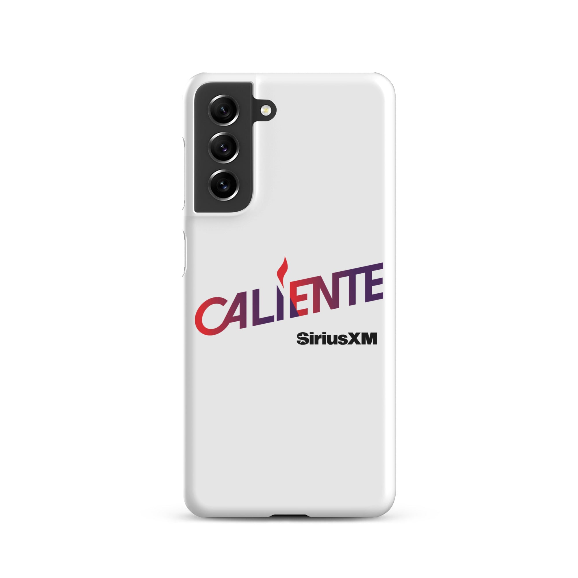 A white phone case with the word 'CALIENTE' in red and purple, and the 'SiriusXM' logo underneath.