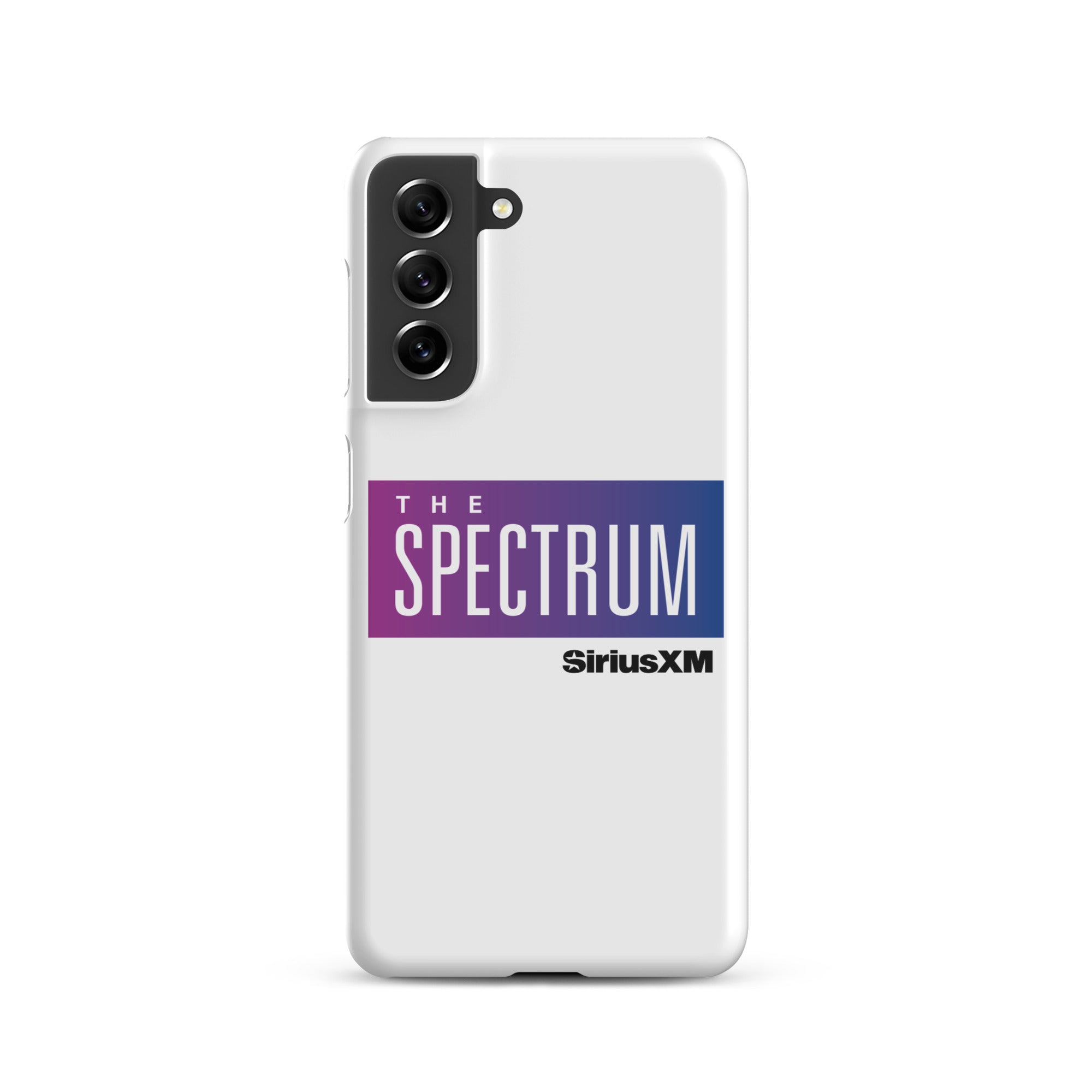 White phone case featuring 'THE SPECTRUM' logo and 'SiriusXM' text in blue and purple.