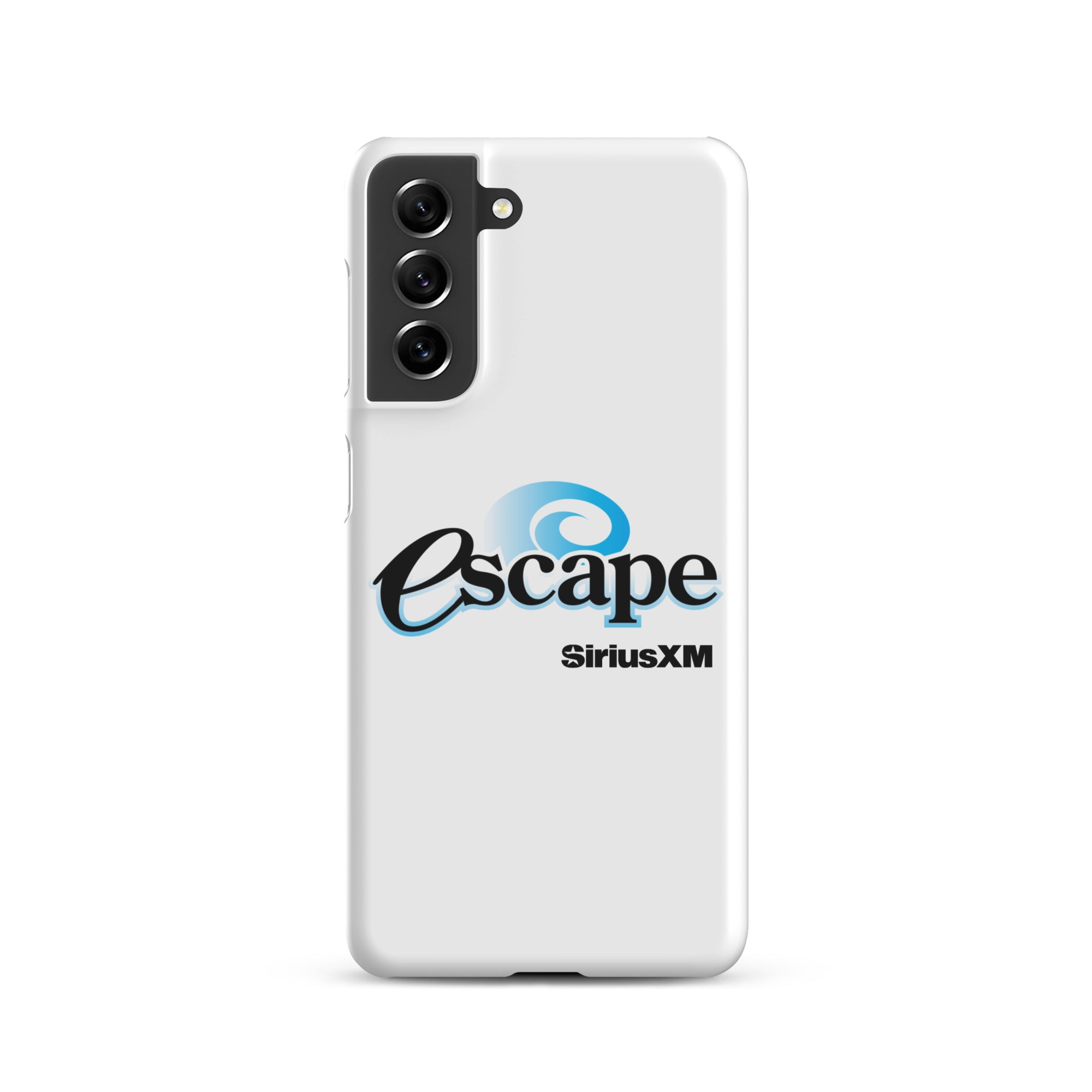 White phone case featuring the 'escape' logo and 'SiriusXM' branding.