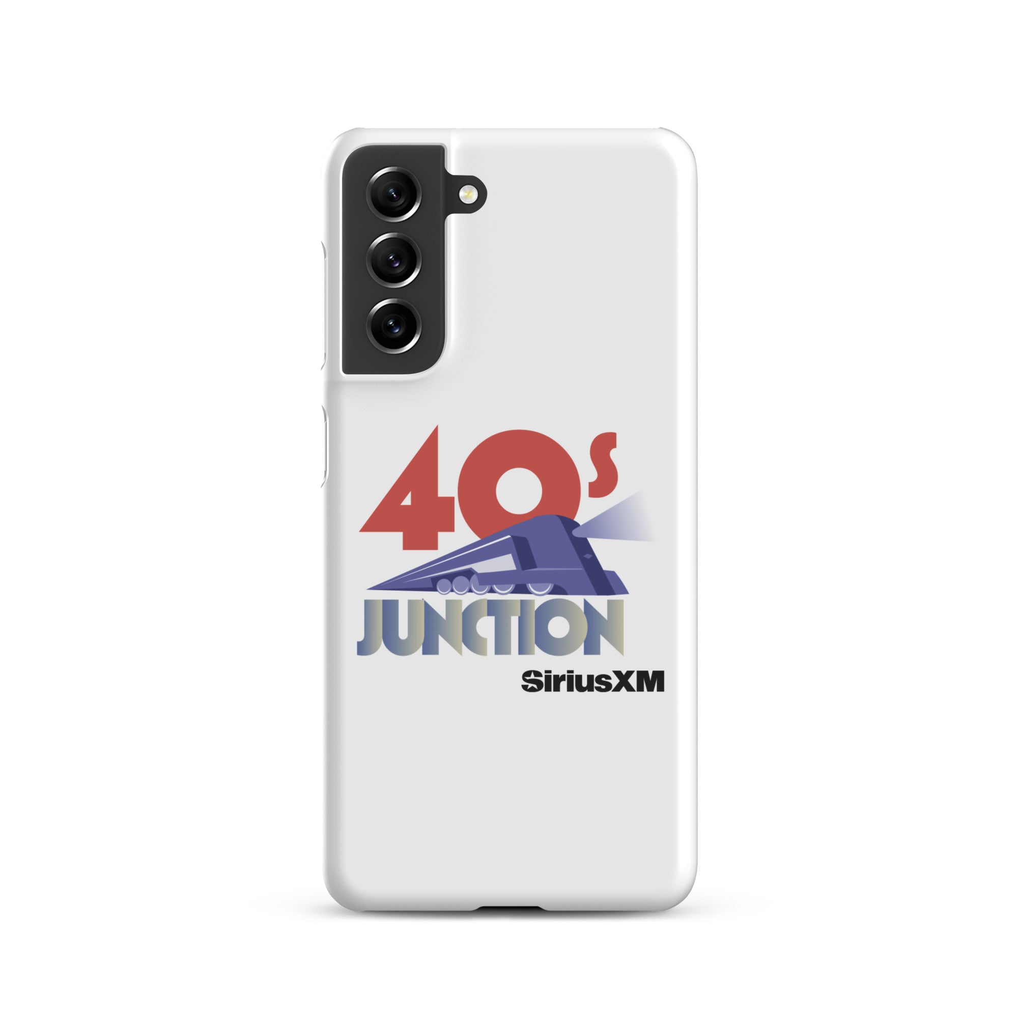 White phone case featuring a design with '40s Junction' and a train graphic, branded with 'SiriusXM.'
