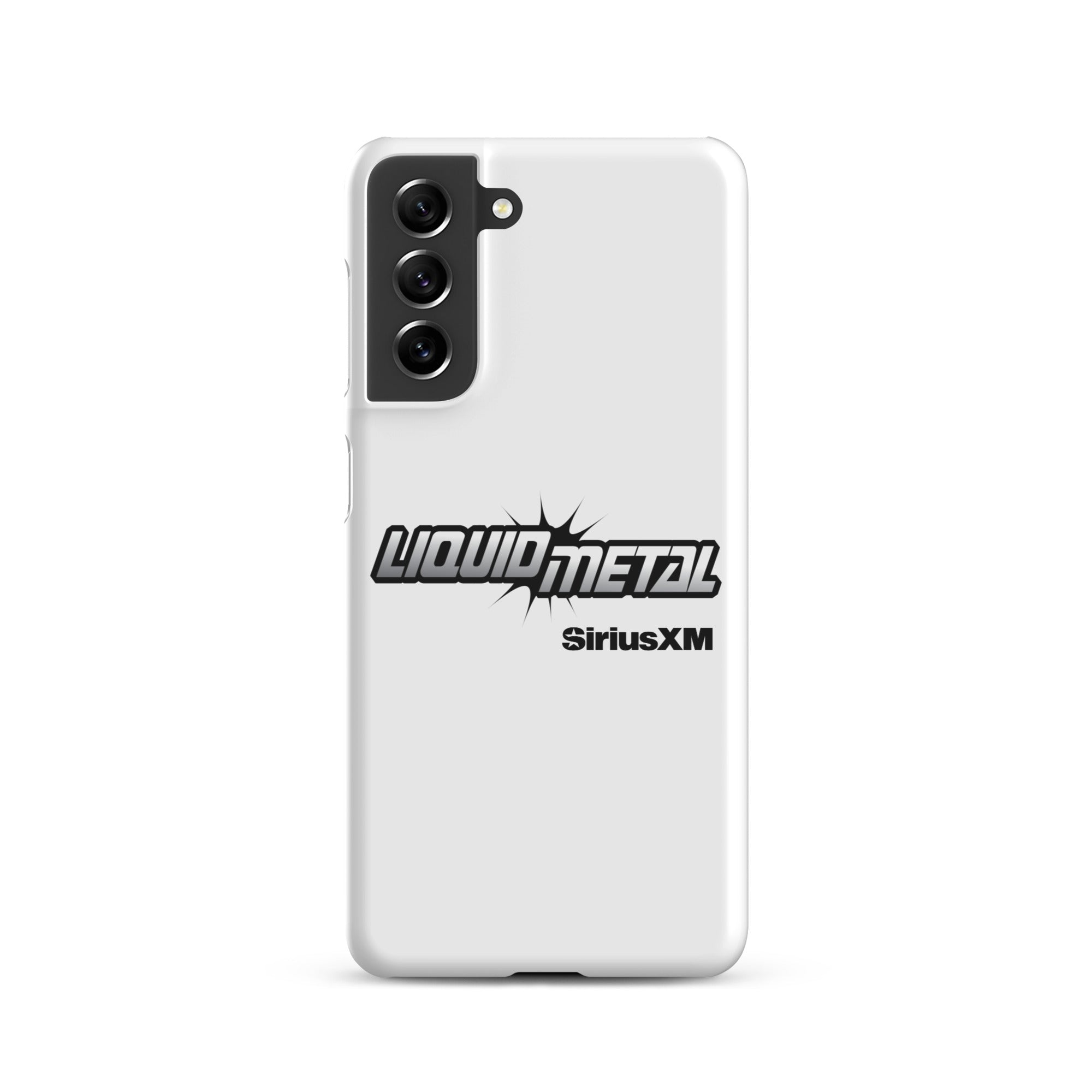 White phone case featuring 'LIQUID METAL' logo and 'SiriusXM' branding.