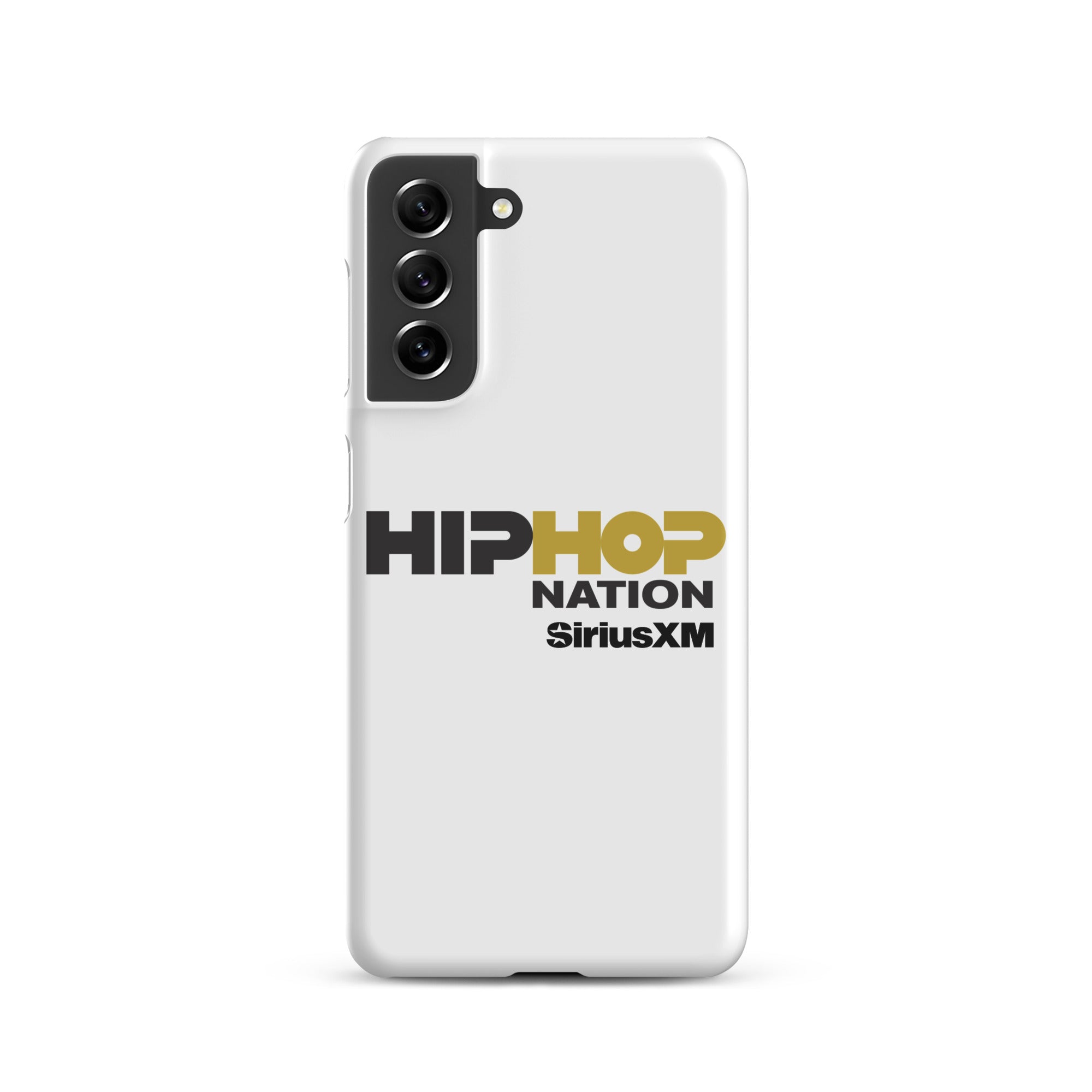 A white phone case featuring the text 'HIP HOP NATION' and 'SiriusXM' in black and gold.