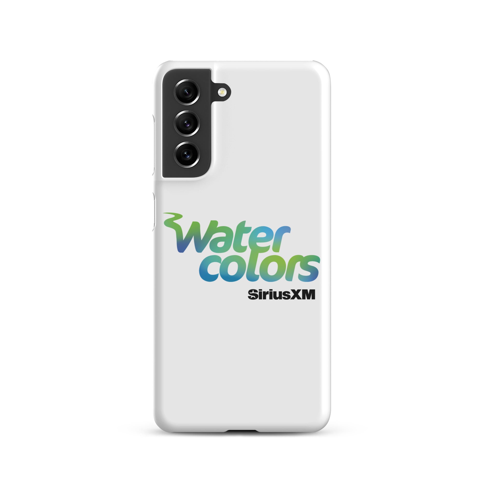 White smartphone case with 'Water colors' logo in blue and green, and 'SiriusXM' in black.