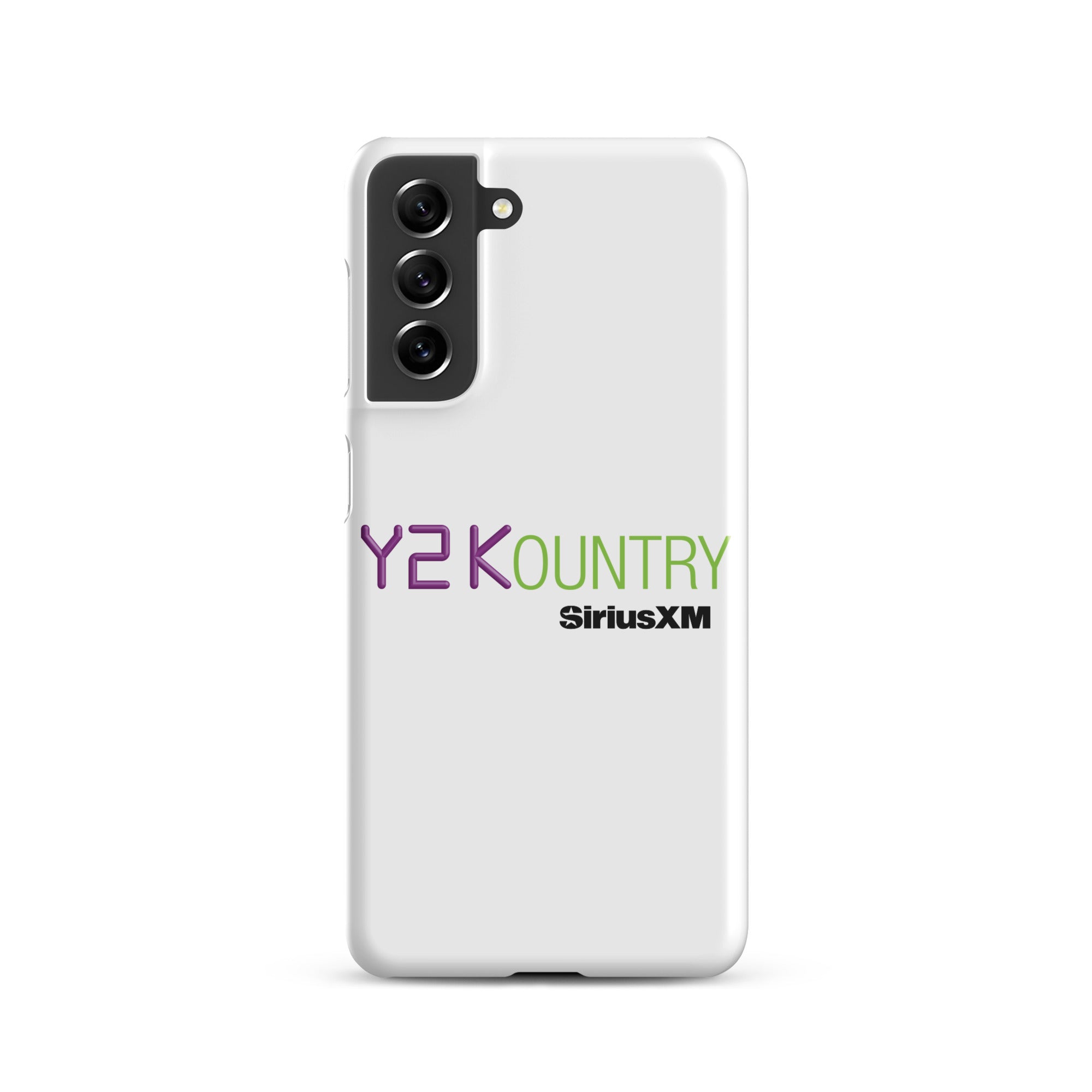 White phone case featuring 'Y2KOUNTRY' and 'SiriusXM' logos in purple and green.
