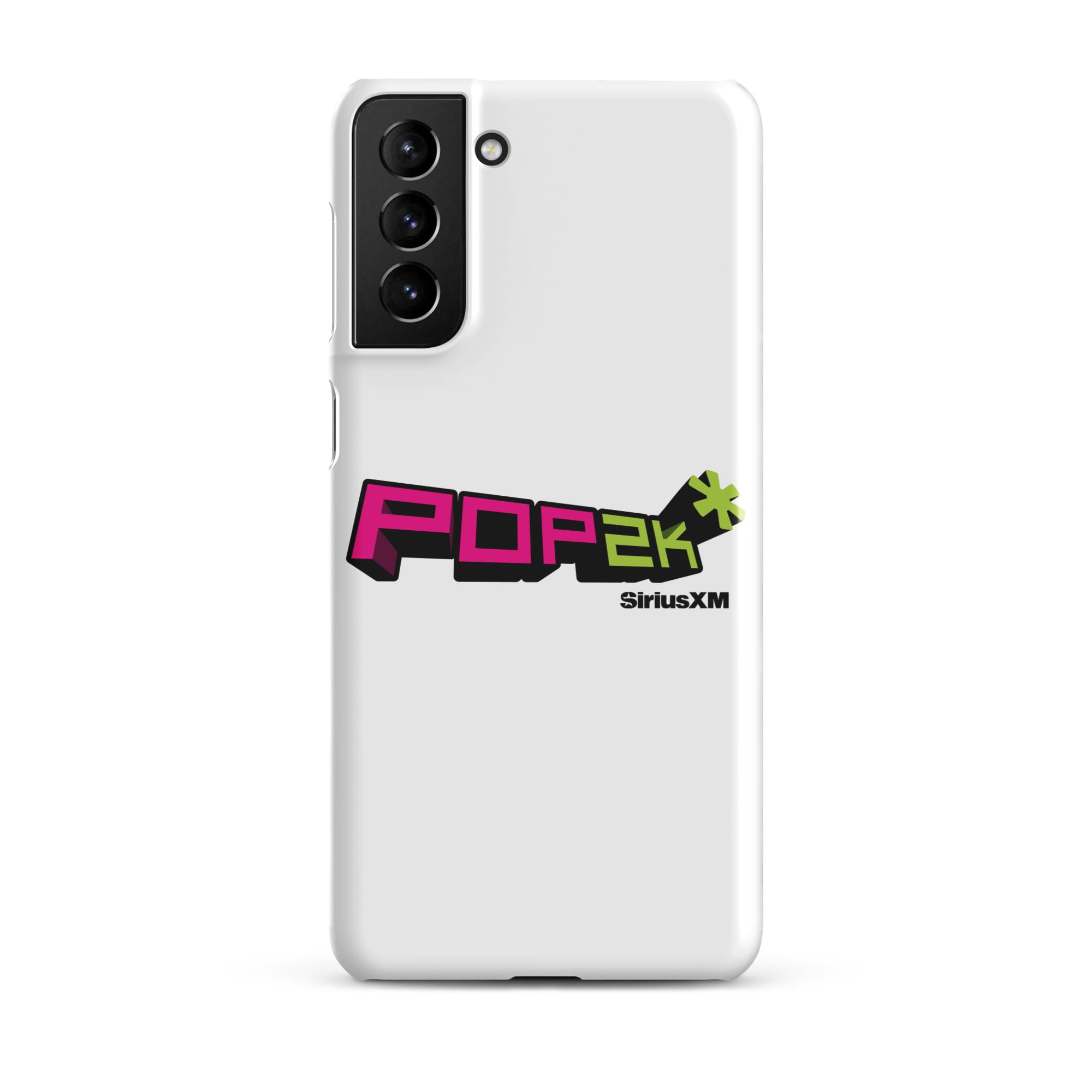 White phone case featuring the 'POP2K' logo with 'SiriusXM' branding in bold pink and green colors.