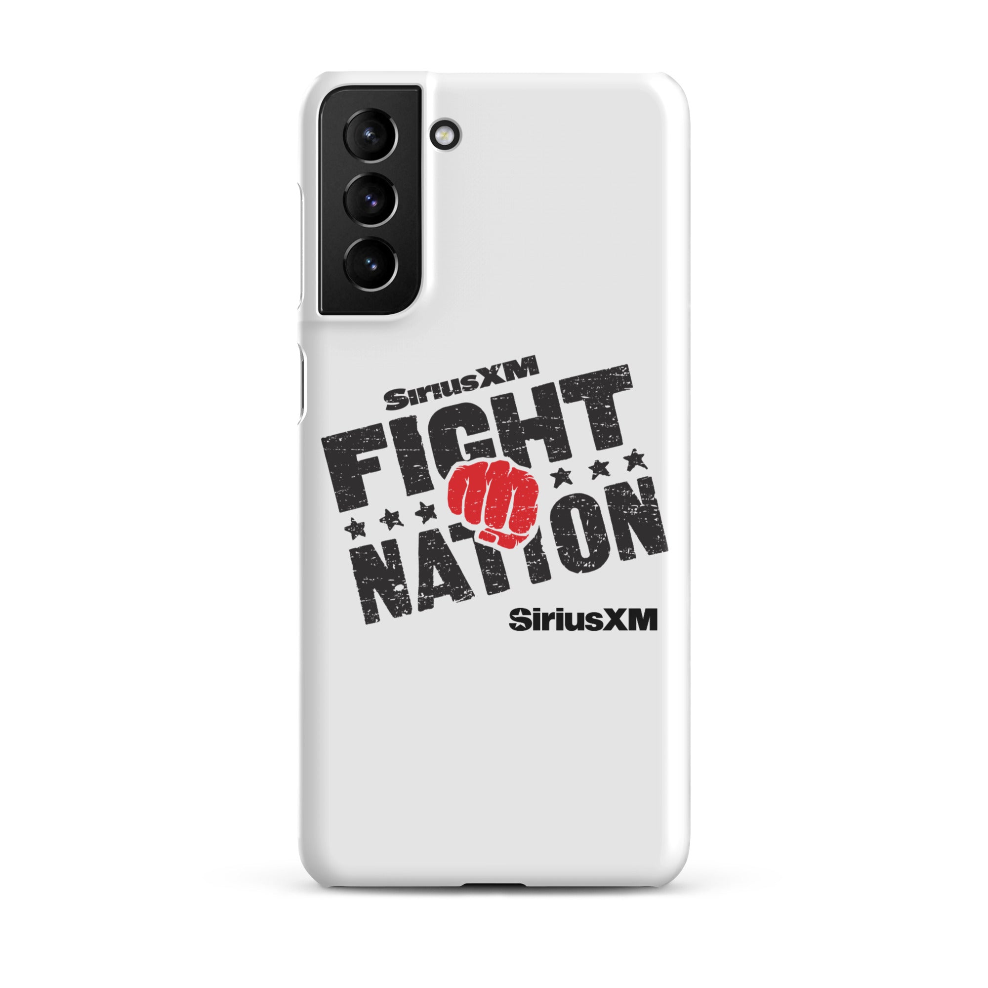 White phone case with 'SiriusXM FIGHT NATION' logo and a red fist graphic.