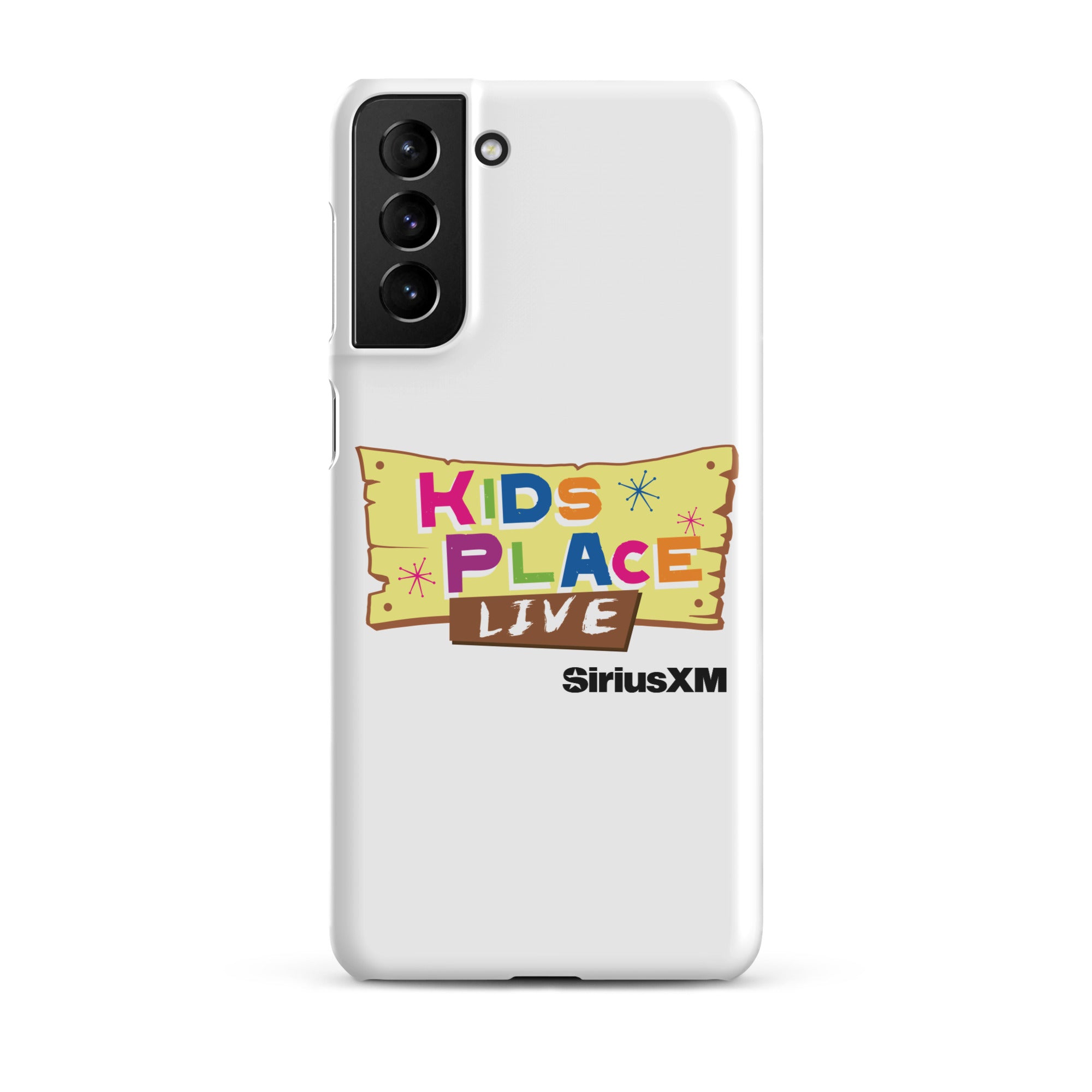 Kids Place Live' logo on a white phone case featuring colorful text and 'SiriusXM' branding.