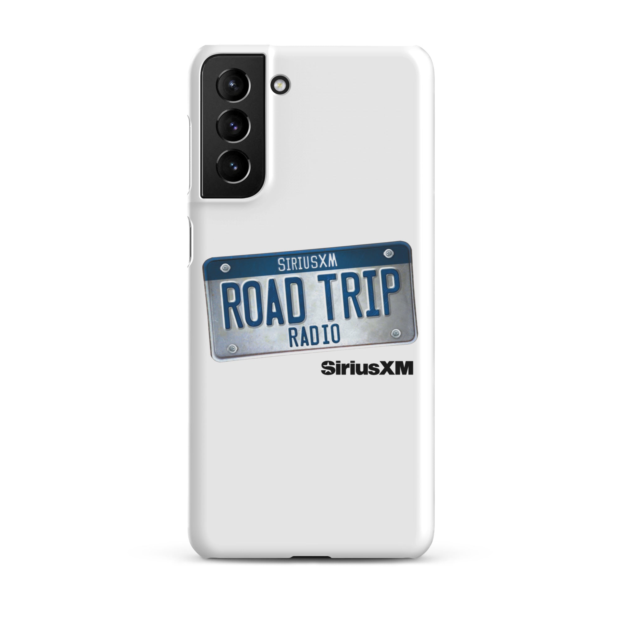 A white phone case featuring a license plate design with 'ROAD TRIP RADIO' and 'SiriusXM' branding.