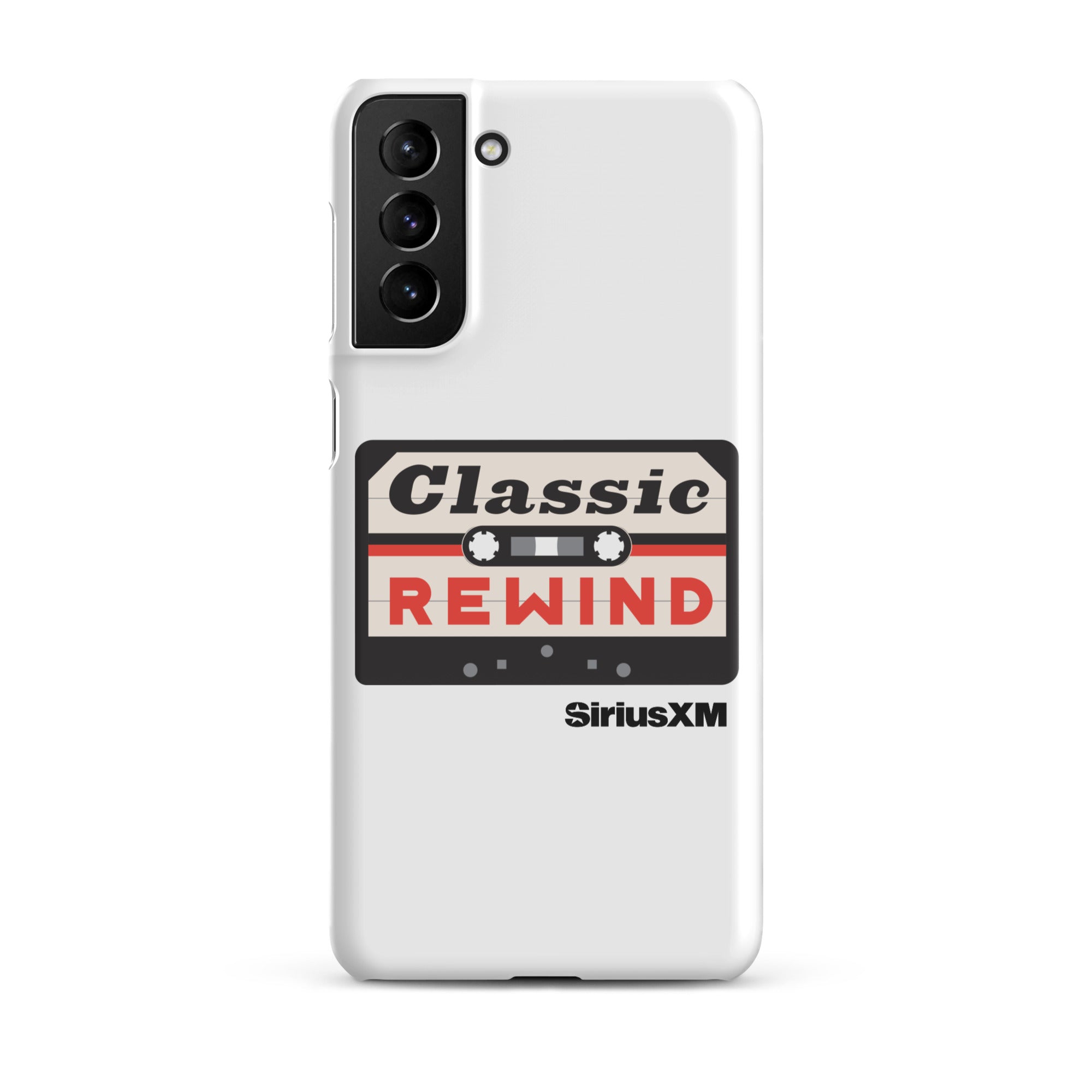 White phone case featuring a cassette tape design with 'Classic Rewind' text and 'SiriusXM' logo.