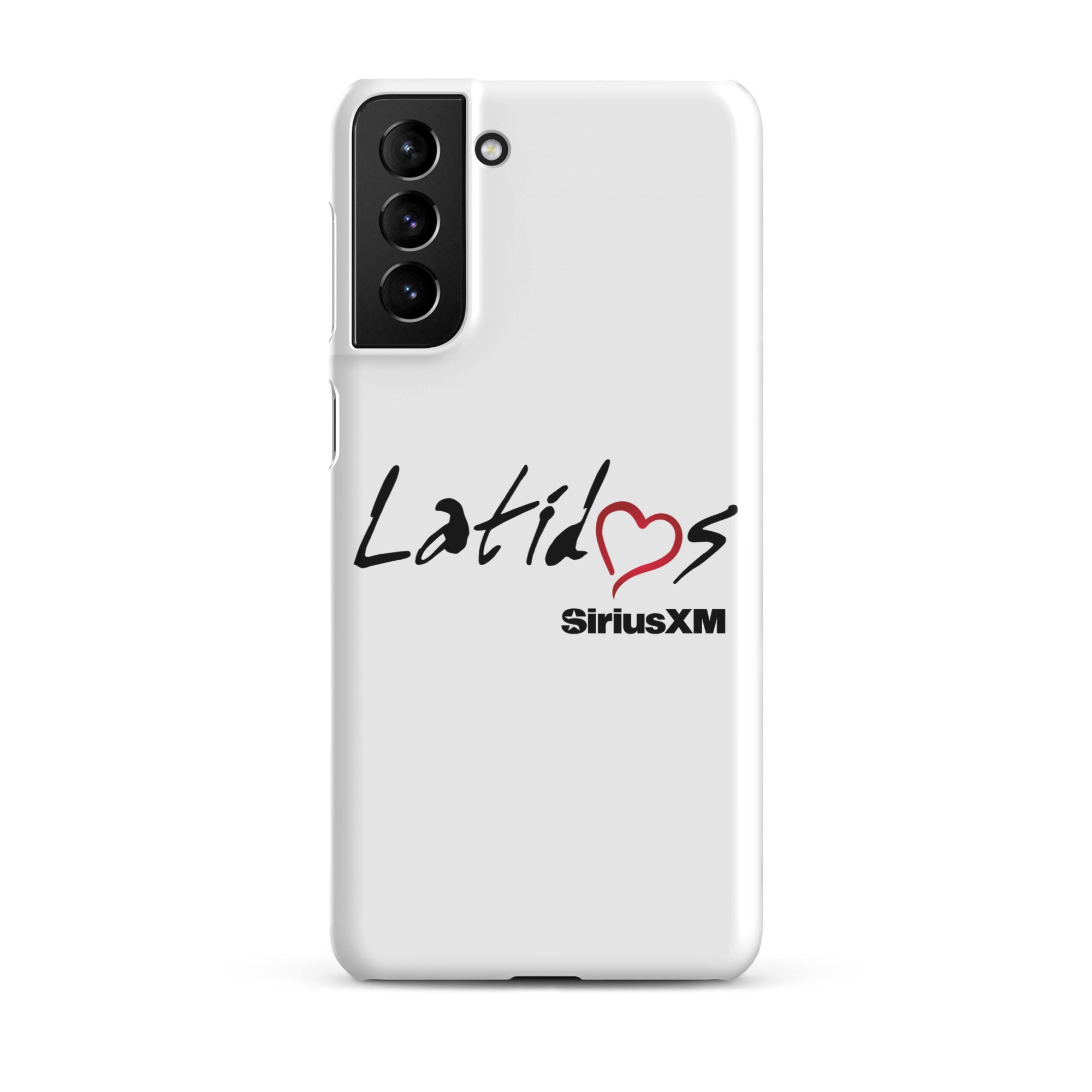 White phone case featuring 'Latidos' with a heart and 'SiriusXM' logo.