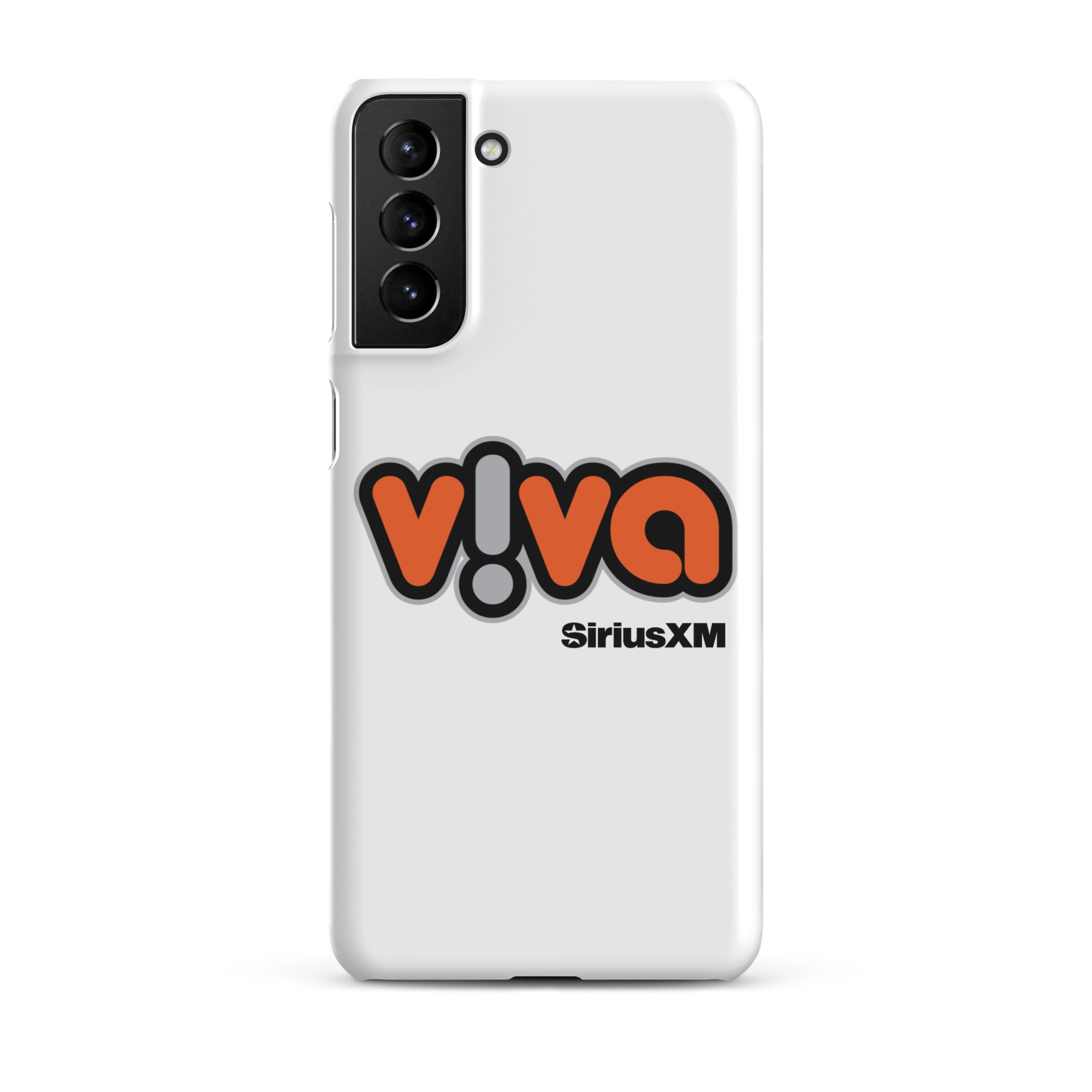 White phone case with 'viva' logo in orange and black, featuring 'SiriusXM' branding.