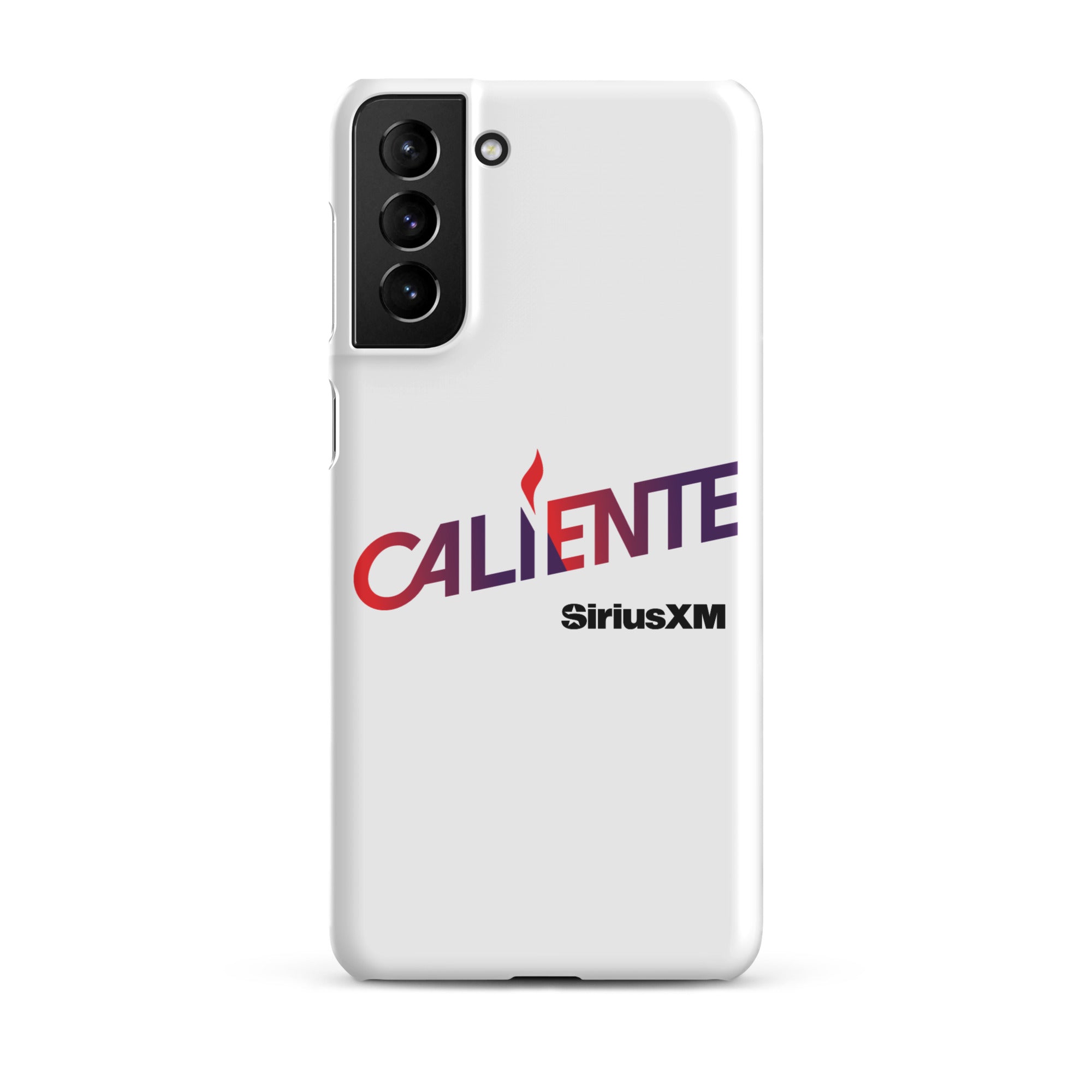 A white phone case with the word 'CALIENTE' in red and purple, and the 'SiriusXM' logo underneath.