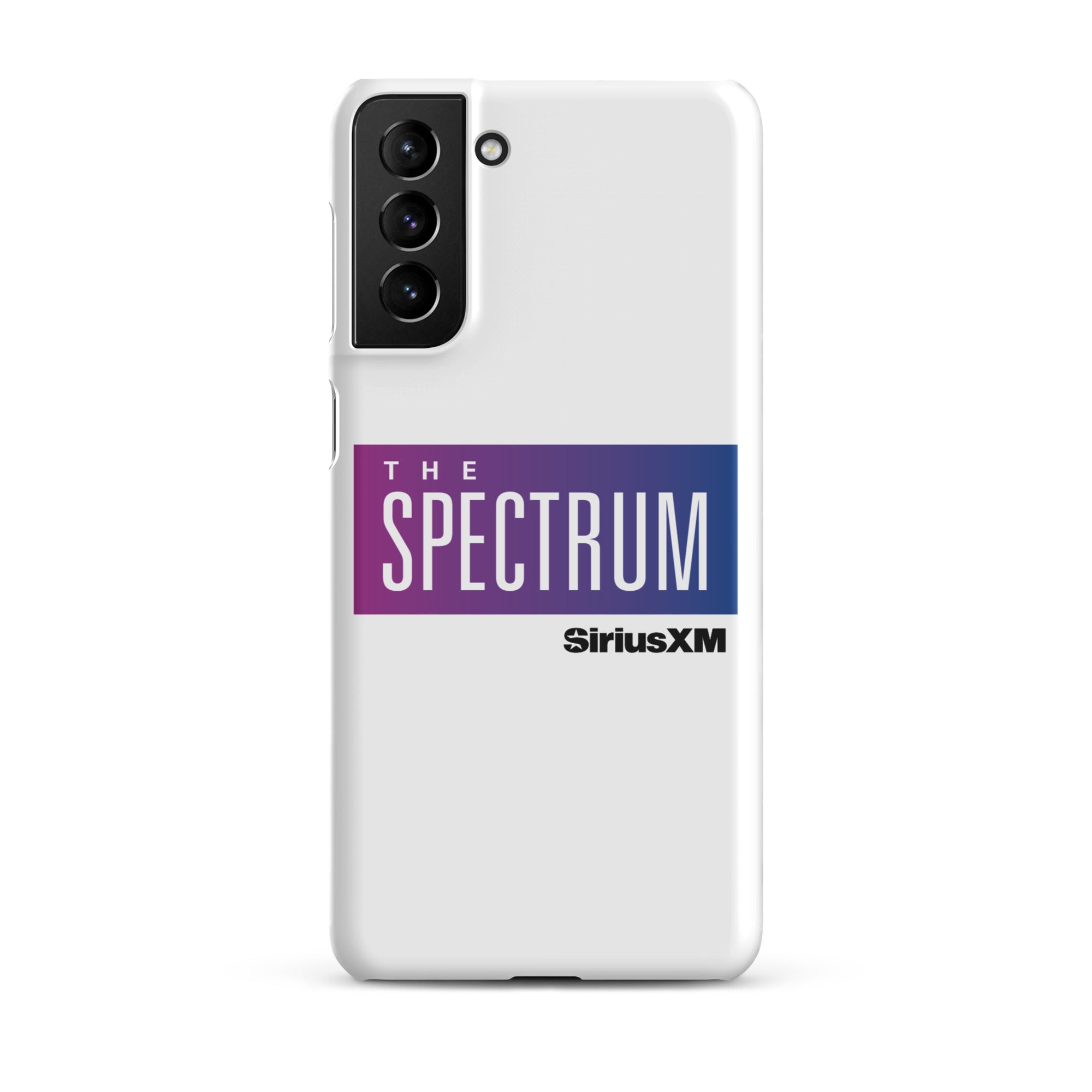 White phone case featuring 'THE SPECTRUM' logo and 'SiriusXM' text in blue and purple.