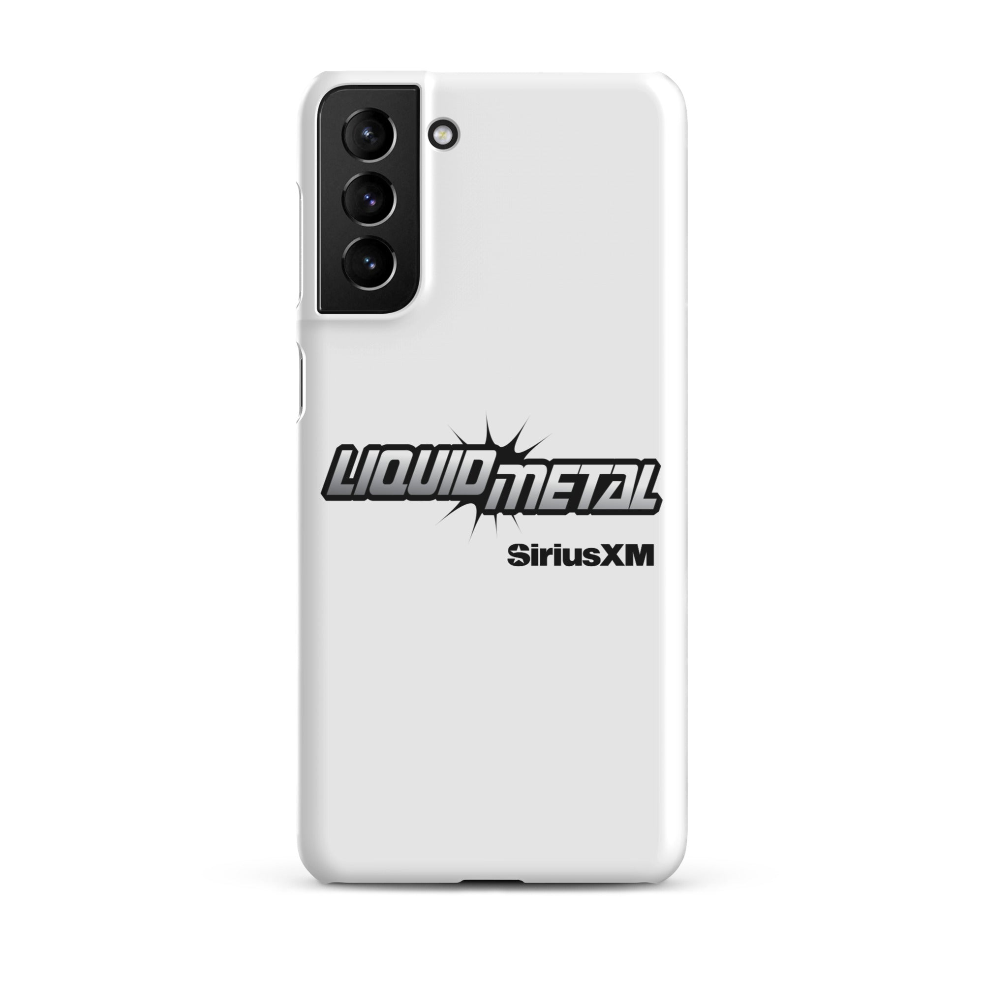 White phone case featuring 'LIQUID METAL' logo and 'SiriusXM' branding.