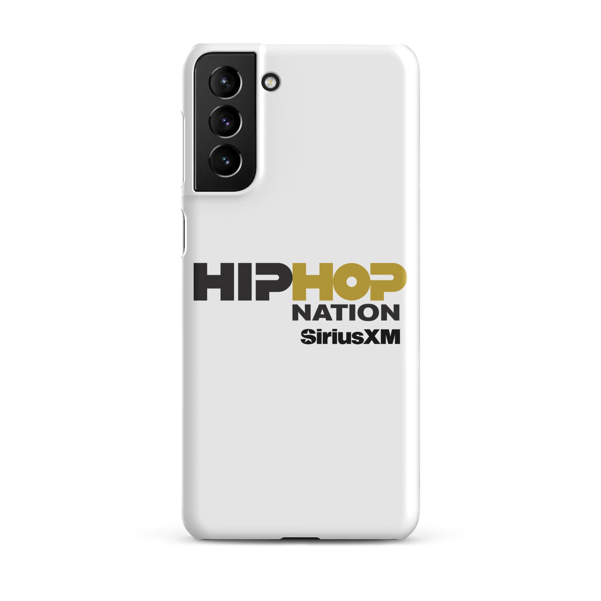 A white phone case featuring the text 'HIP HOP NATION' and 'SiriusXM' in black and gold.