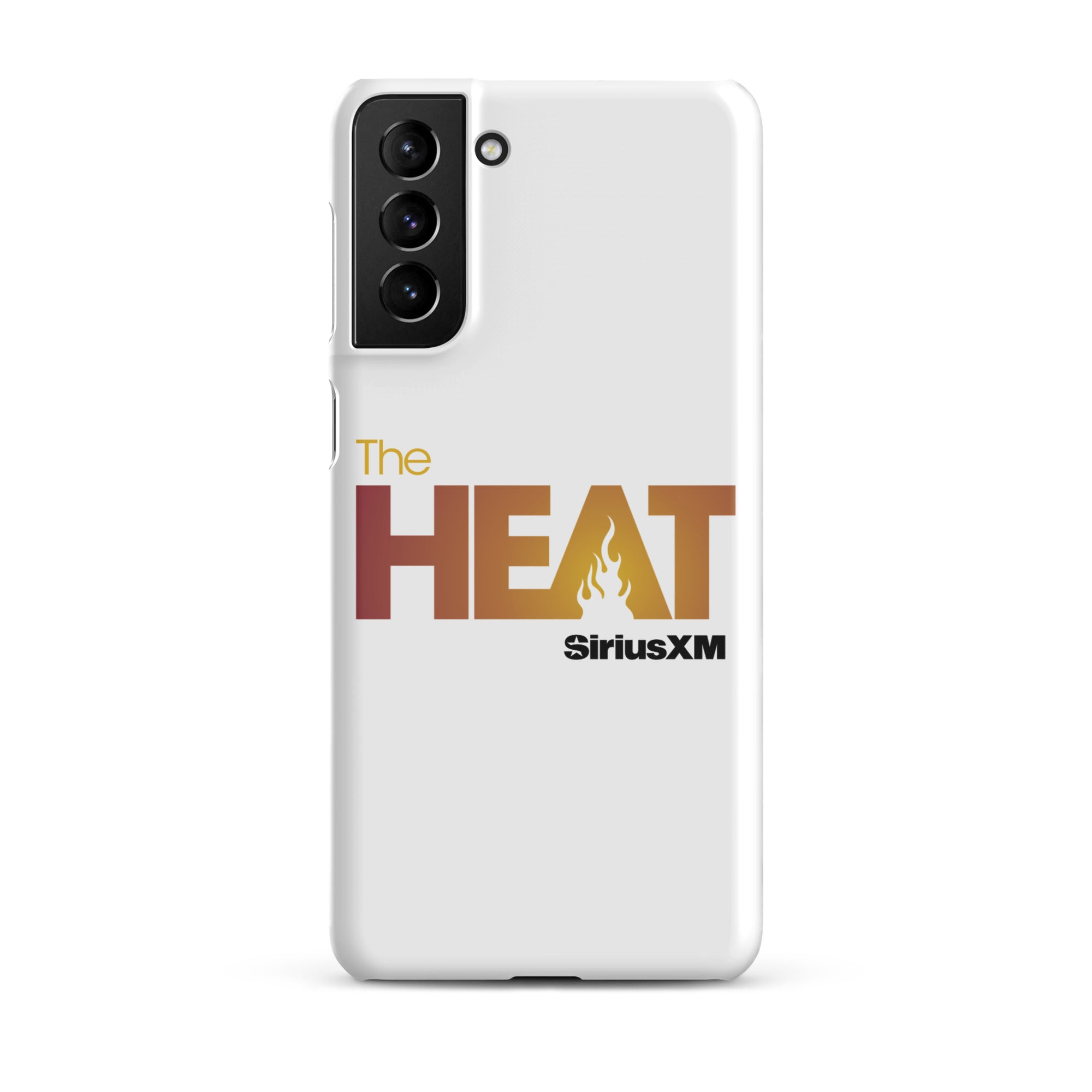 White phone case featuring 'The HEAT' logo with a flame design in orange and red hues and 'SiriusXM' branding.