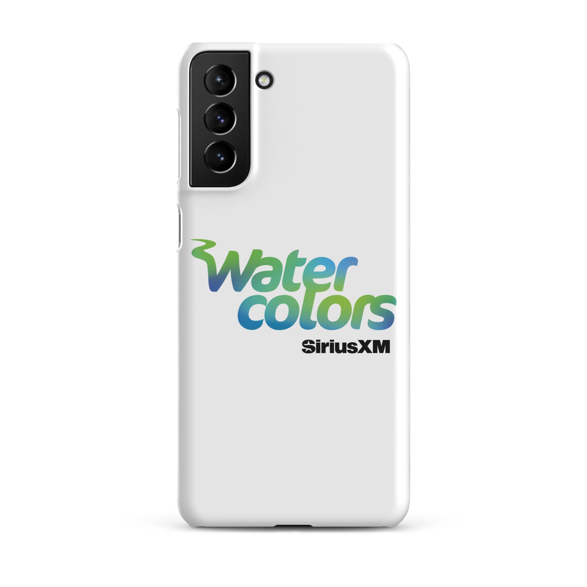 White smartphone case with 'Water colors' logo in blue and green, and 'SiriusXM' in black.