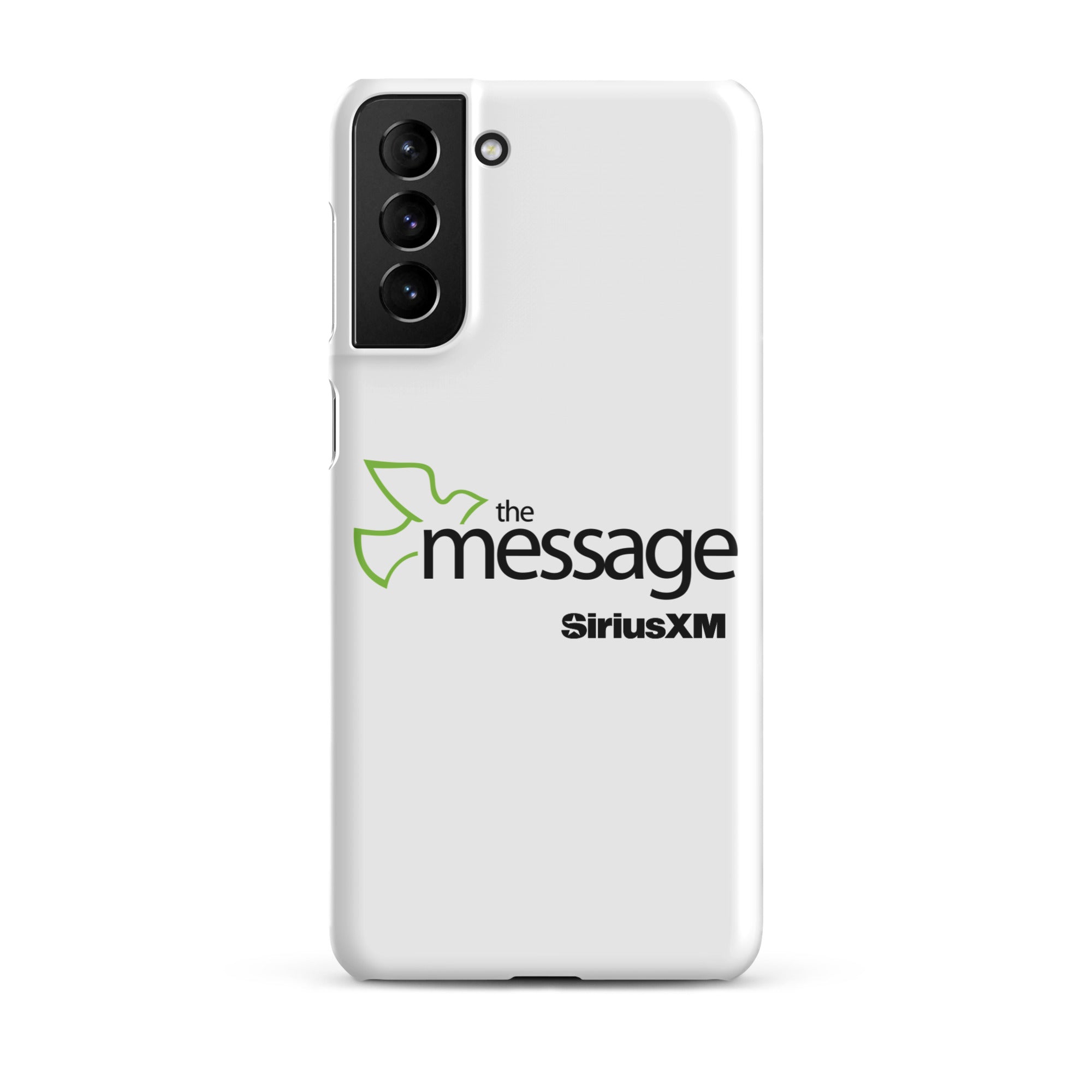 White phone case featuring 'the message' logo alongside 'SiriusXM' branding.