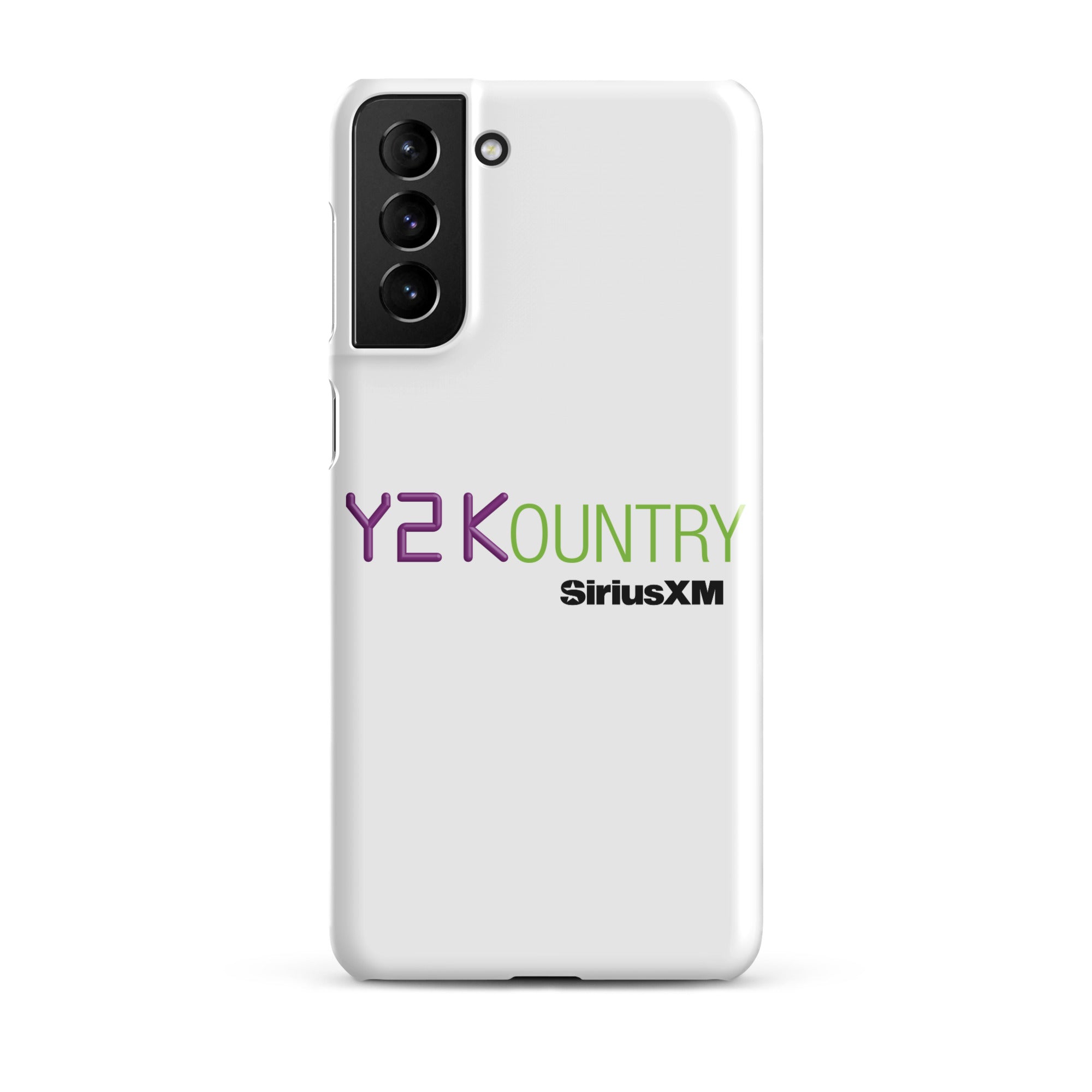 White phone case featuring 'Y2KOUNTRY' and 'SiriusXM' logos in purple and green.
