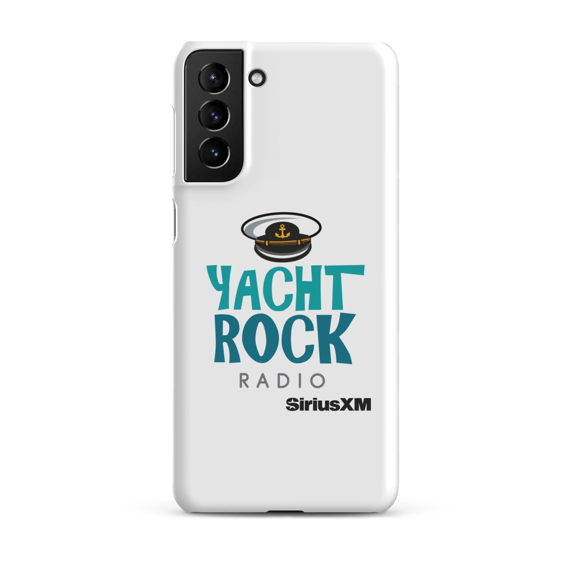 White phone case featuring 'Yacht Rock Radio' logo with a captain's hat and 'SiriusXM' branding.